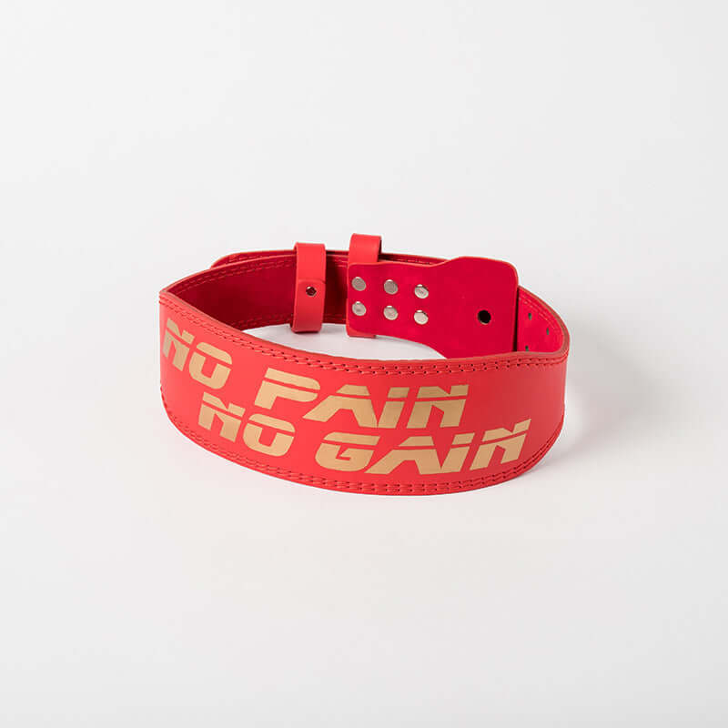 Fitness Belt Squat Exercise Waist Support in red with 'NO PAIN NO GAIN' print for enhanced workout stability.