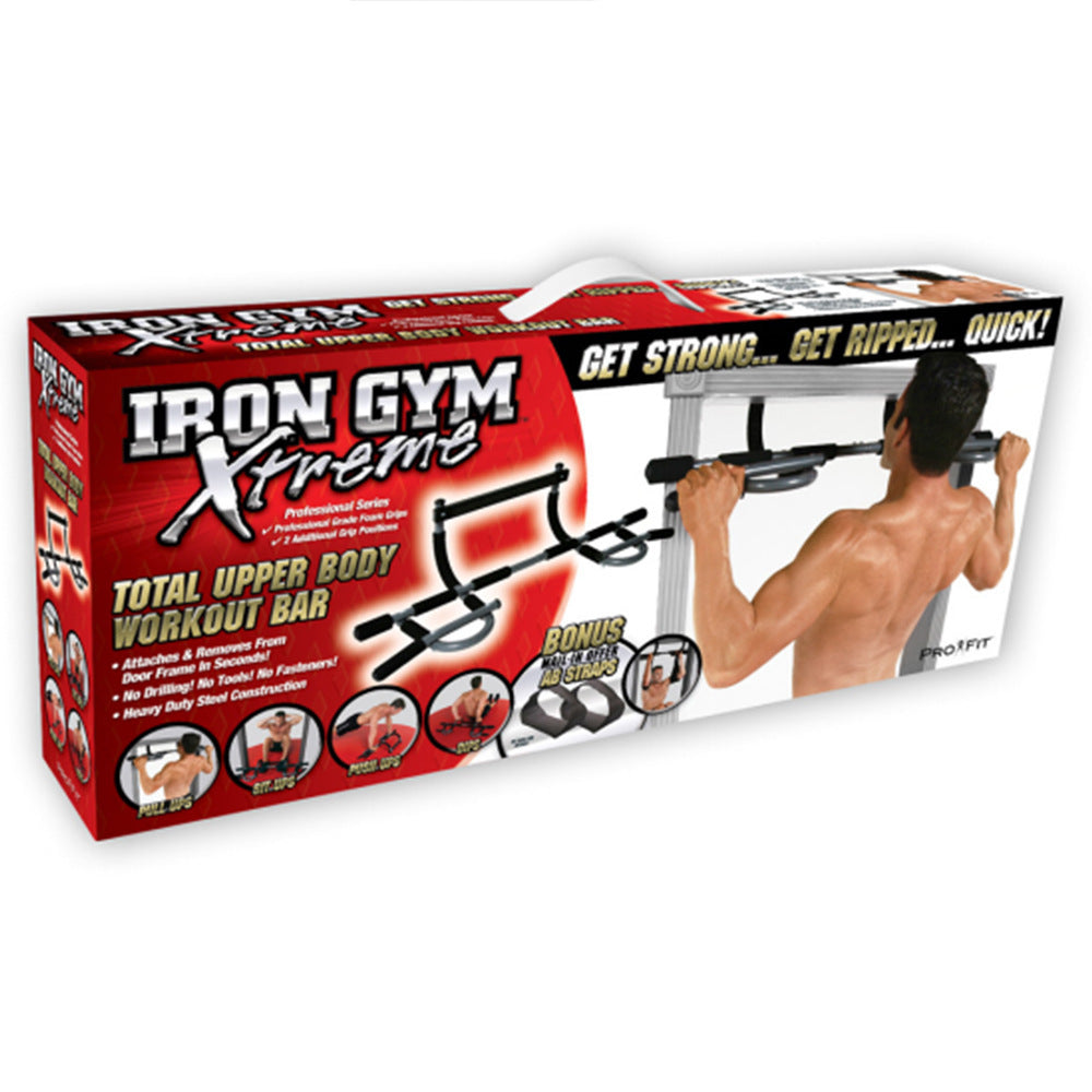 Sports Products Fitness Equipment Indoor Pull-Up Bar packaging displaying workout features and benefits.