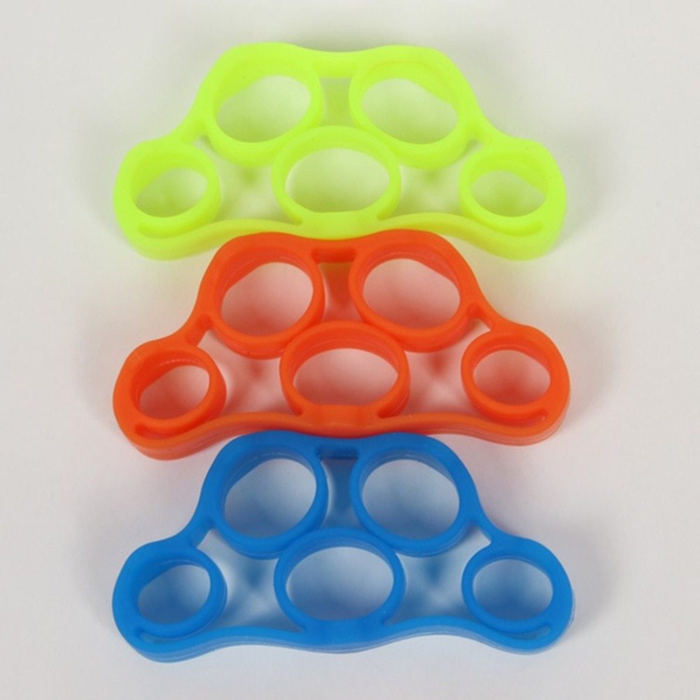 Silicone Finger Trainer Hand Gripper Resistance Bands Fitness in green, orange, and blue colors.