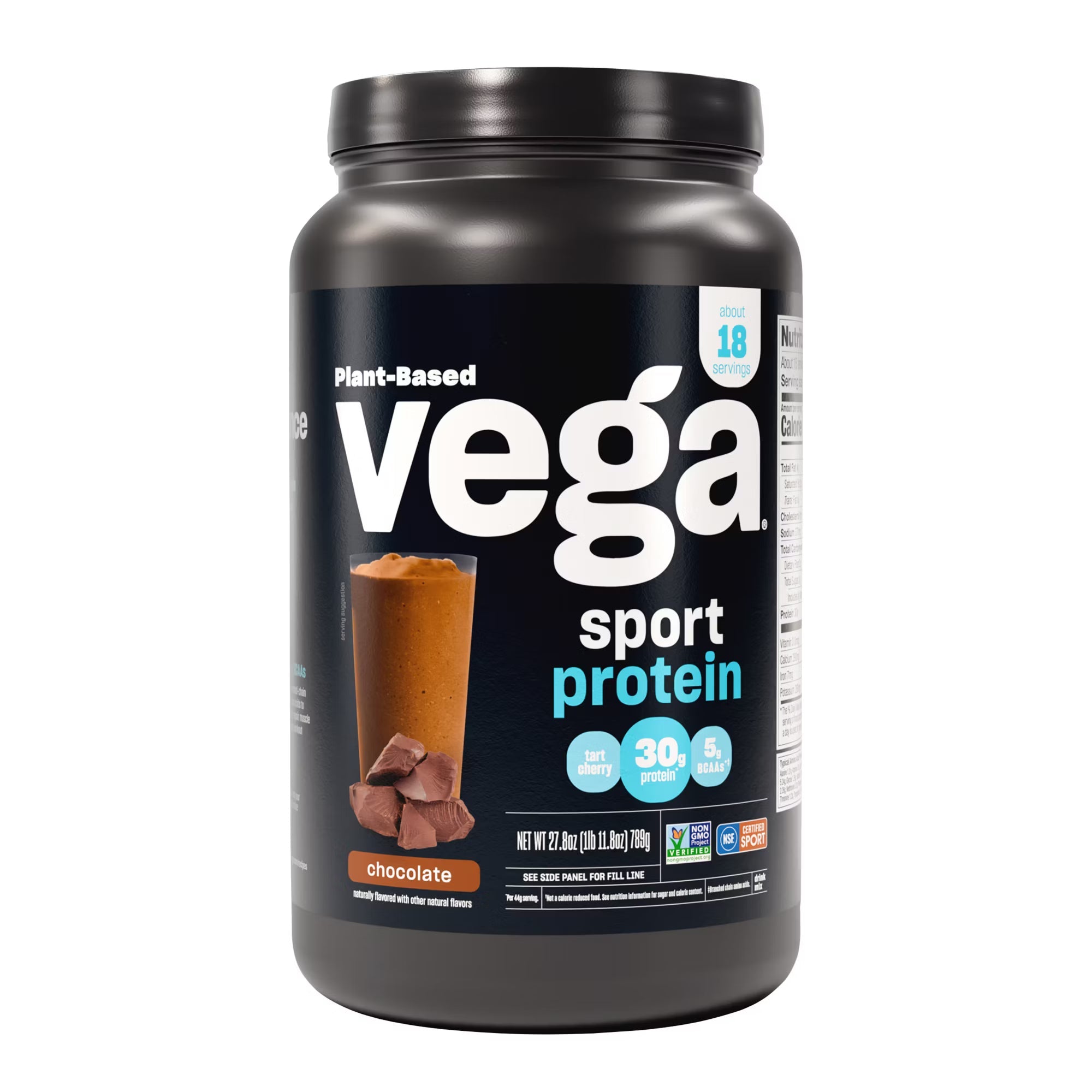 Vega Sport Protein Powder – Chocolate – 27.8 oz in a container with a chocolate smoothie, providing 30g of protein.