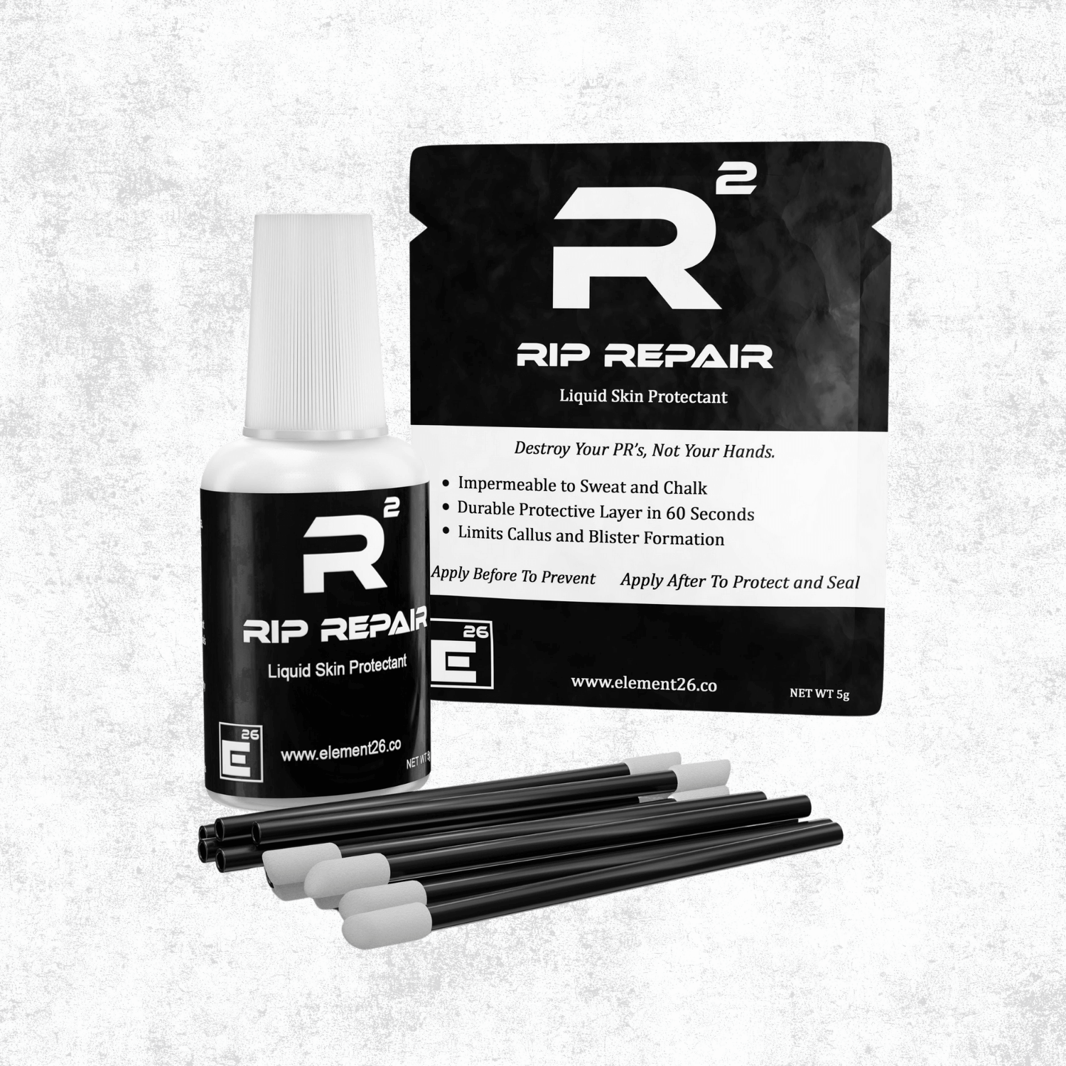 Rip Repair Skin Protectant liquid skin protectant with applicators and packaging on textured background.