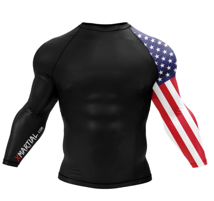 XM AMERICAN WARRIOR - Longsleeve And Shortsleeve - XMARTIAL performance rashguard with American flag design.