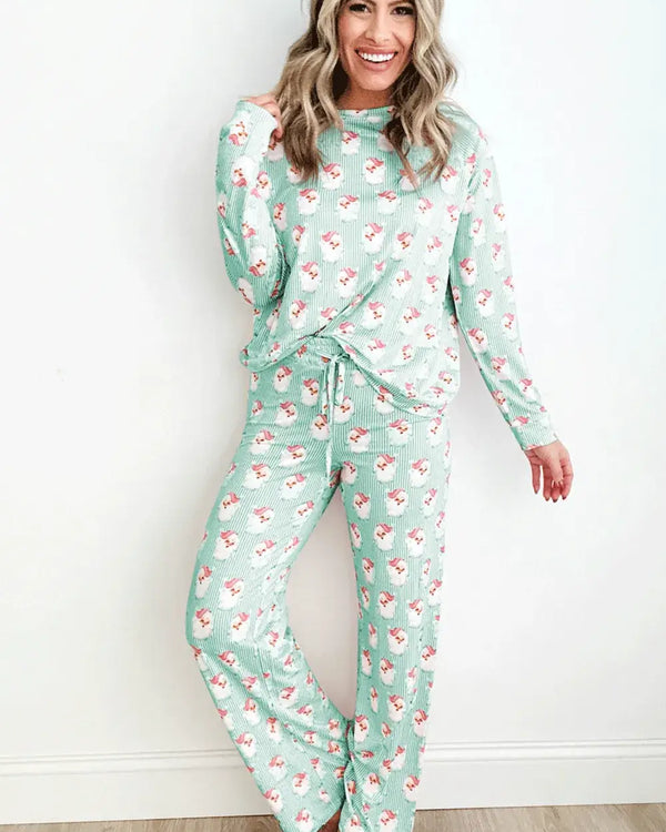 Santa Print Long Sleeve Top and Pants Lounge Set