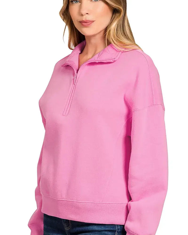 Zenana Fleece High Neck Half Zip Sweatshirt