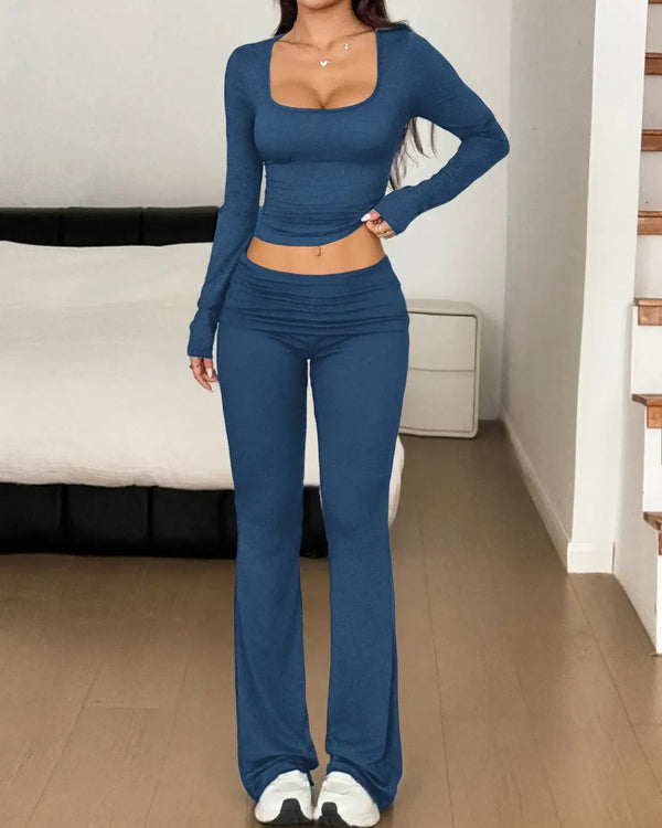 Long Sleeve Crop Top and Bootcut Pants Set