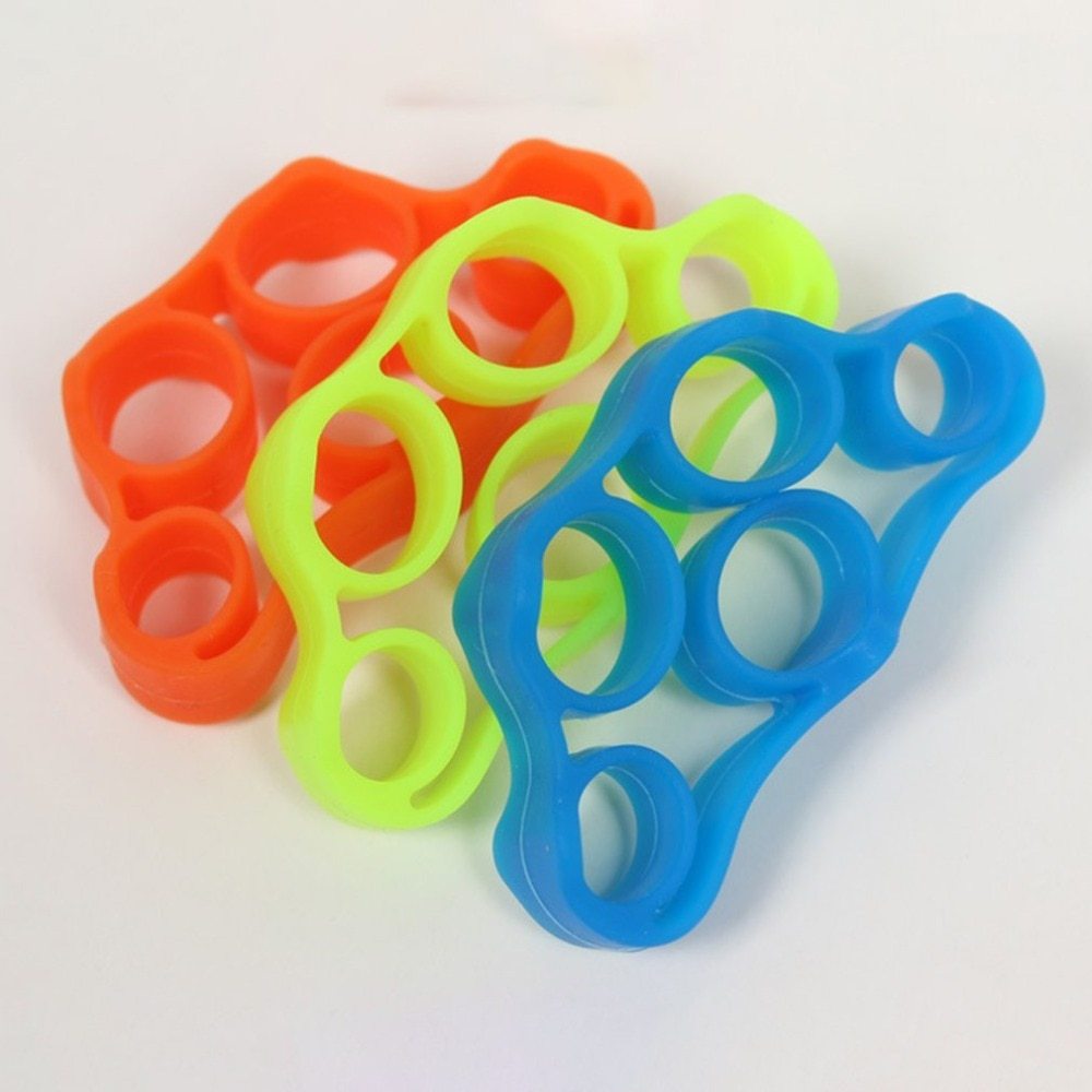 Silicone Finger Trainer Hand Gripper Resistance Bands Fitness in orange, yellow, and blue colors.