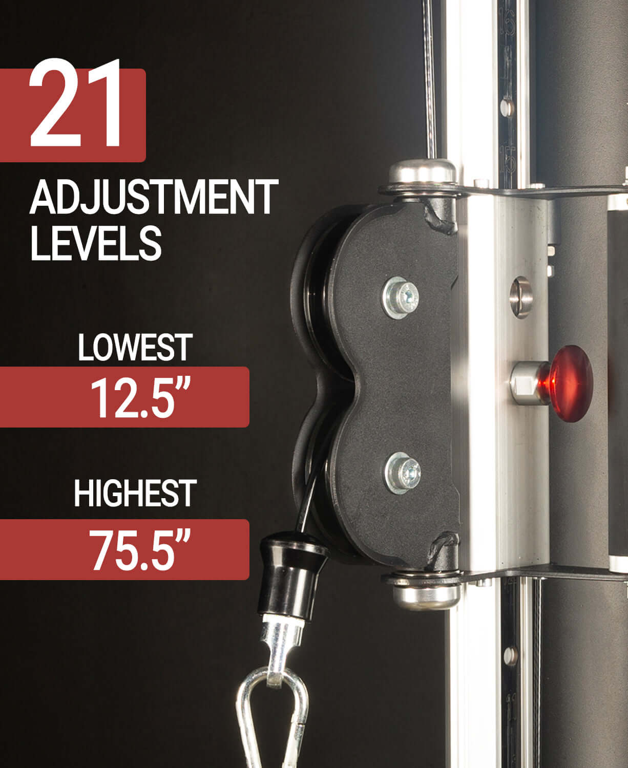 Functional Trainer With Dual 230 lb Weight Stacks showing 21 adjustment levels, with lowest at 12.5 inches and highest at 75.5 inches.