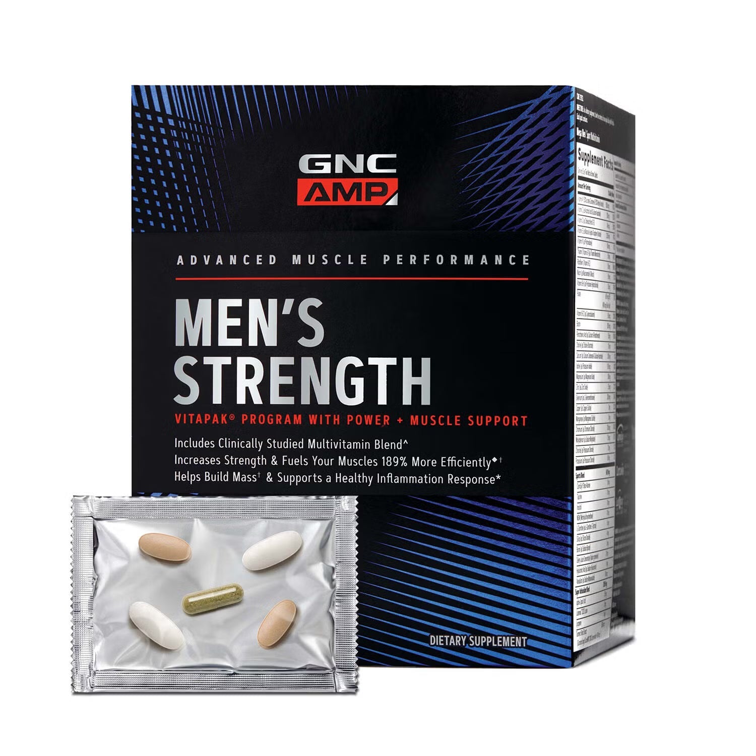 GNC AMP Strength VitaPak 14 Packs with dietary supplement capsules for muscle support and performance.
