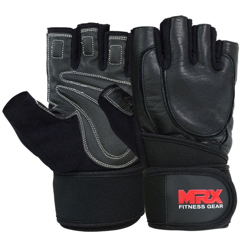 MRX Weight Lifting Gloves Long Wrist Straps Leather Black All Sizes