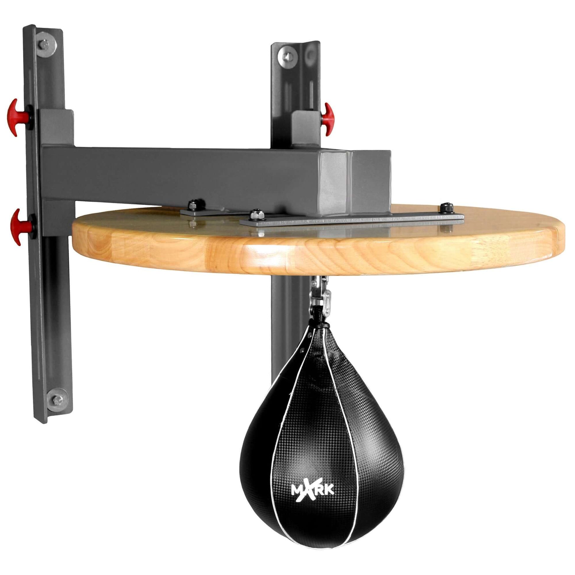 Professional Speed Bag Platform with Chain Swivel for MMA and Boxing mounted on wall with black speed bag.
