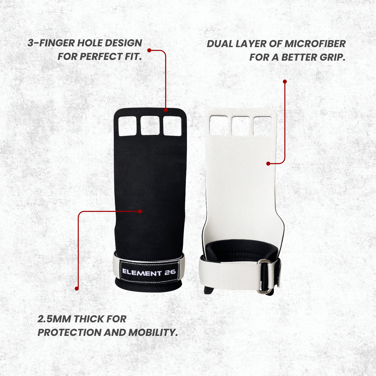 Element 26 Vise Grips showing 3-finger hole design, dual microfiber layer, and thickness for optimal performance.