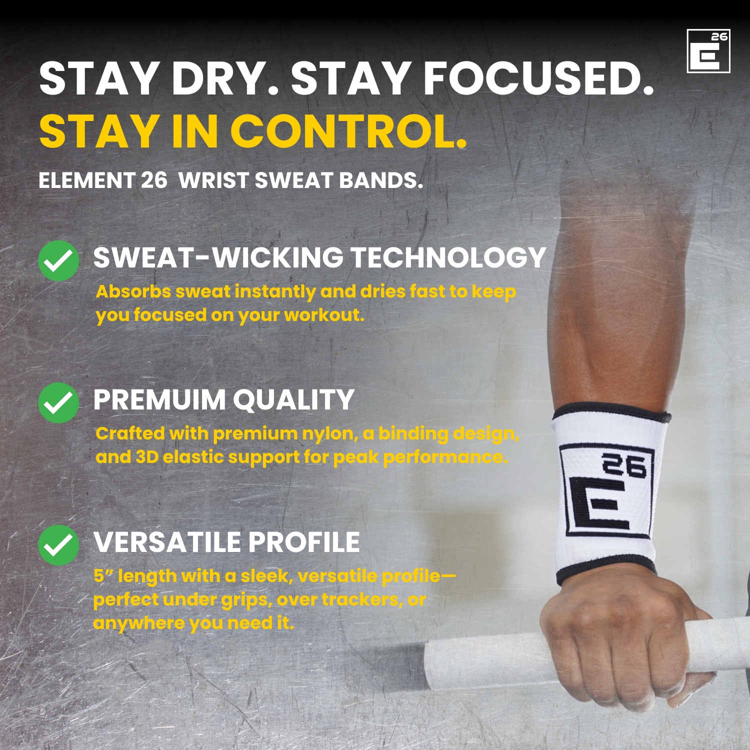 Element 26 Wrist Sweat Bands featuring sweat-wicking technology and a versatile profile for peak performance.
