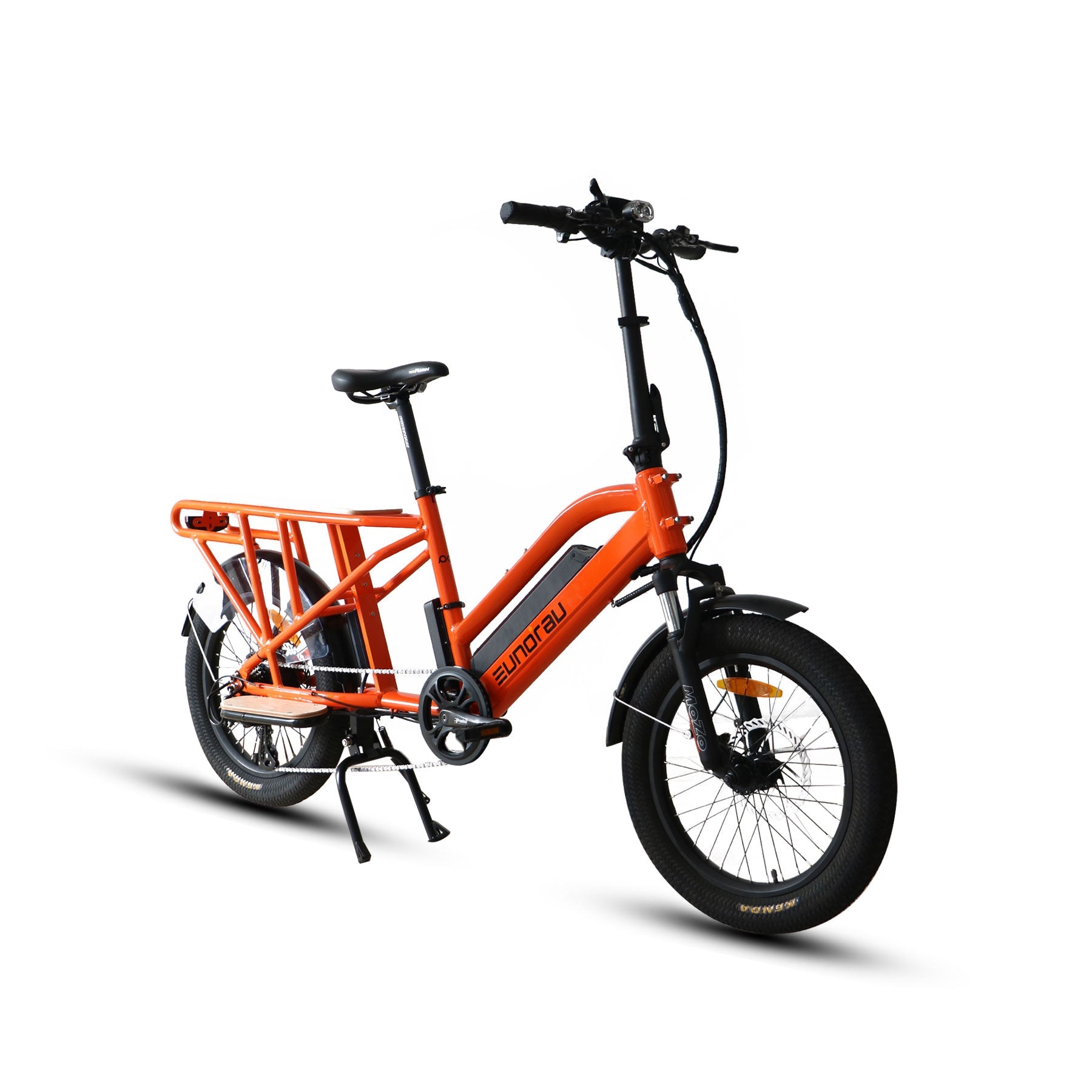 G30-CARGO CITY EBIKE in orange color with a cargo frame and 20-inch city tires for urban commuting