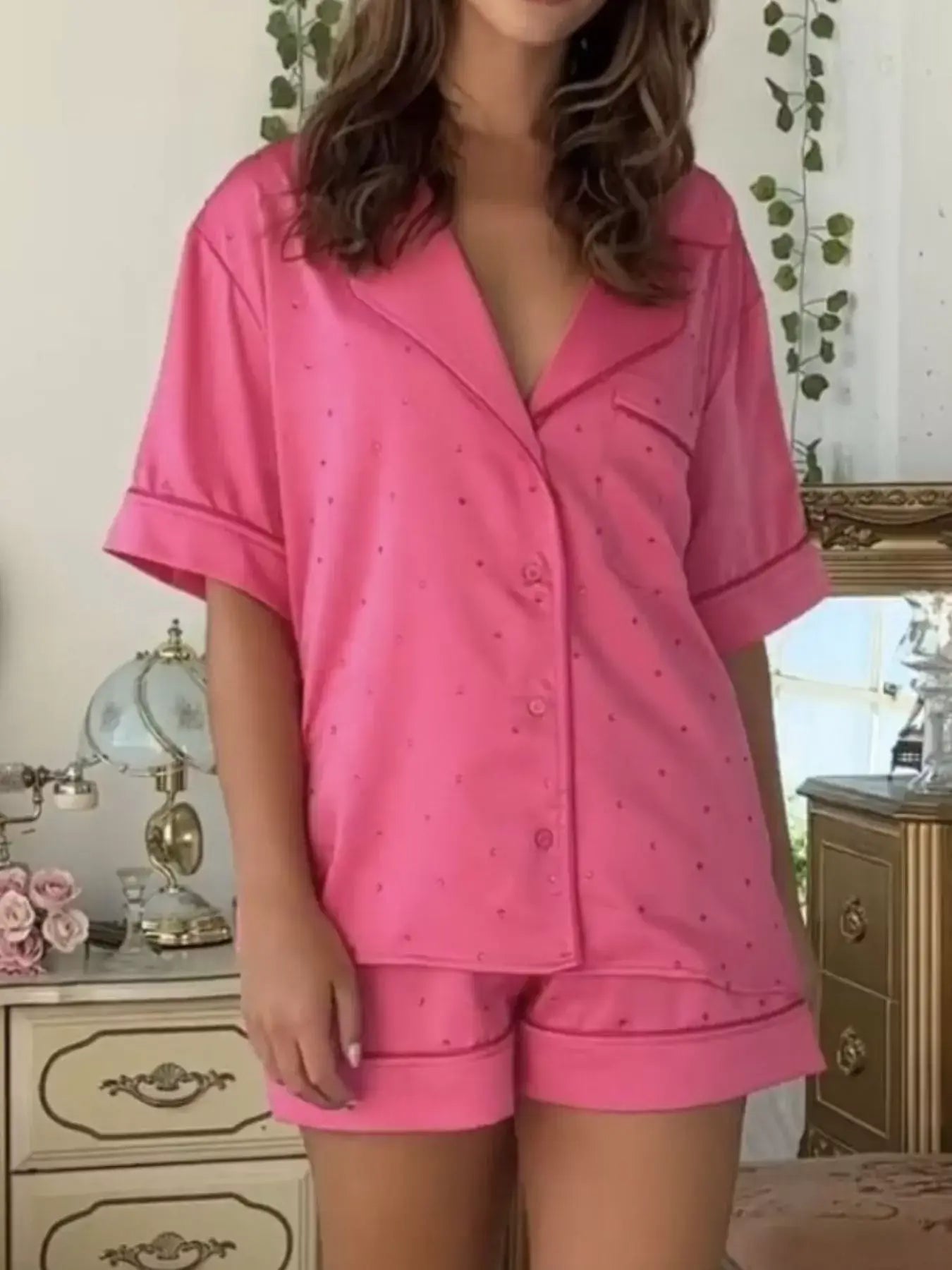 Button Up Half Sleeve Shirt and Shorts Lounge Set in vibrant pink worn by model, showcasing style and comfort.