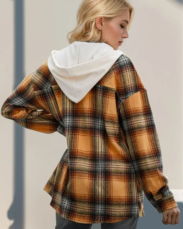 Double Take Drawstring Plaid Long Sleeve Hooded Shacket