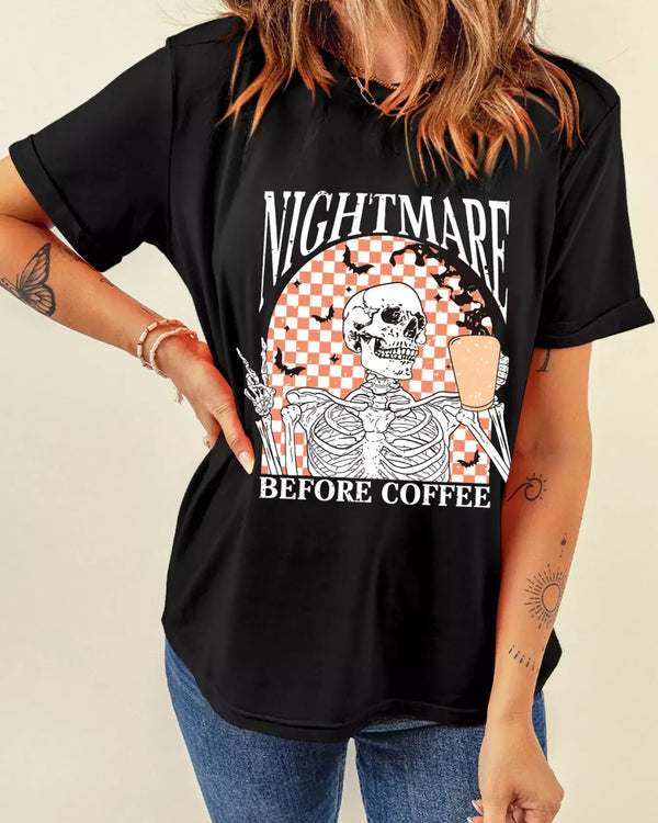 Halloween Skull Checkerboard Graphic Round Neck Tee