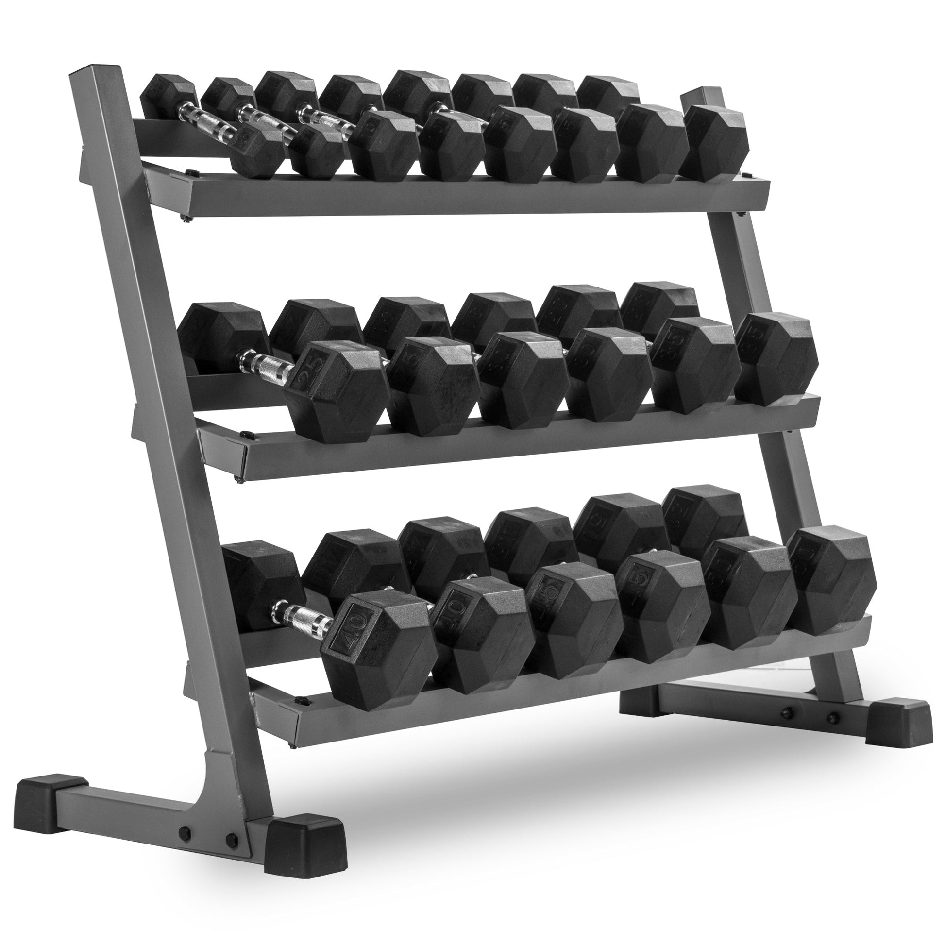 10-Pairs 5 to 50 lbs Hex Dumbbells Includes 3-Tier Storage Rack with hex dumbbells organized neatly.