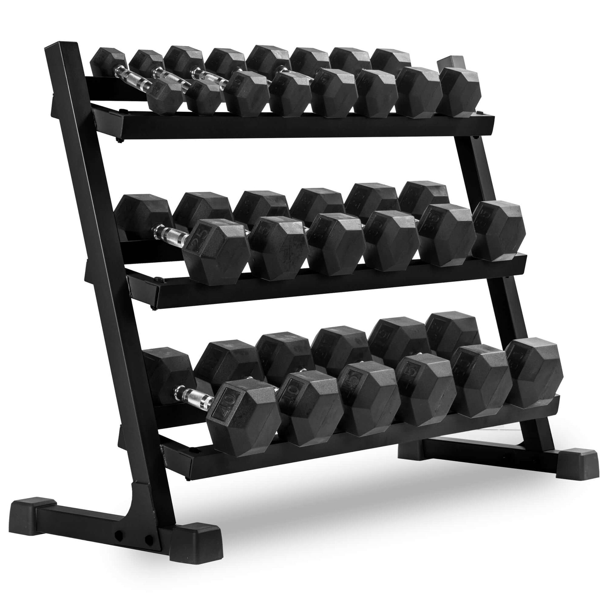5-50 lb Hex Dumbbell Set with Rack and Weight Bench showcasing a durable storage rack for organized weights.