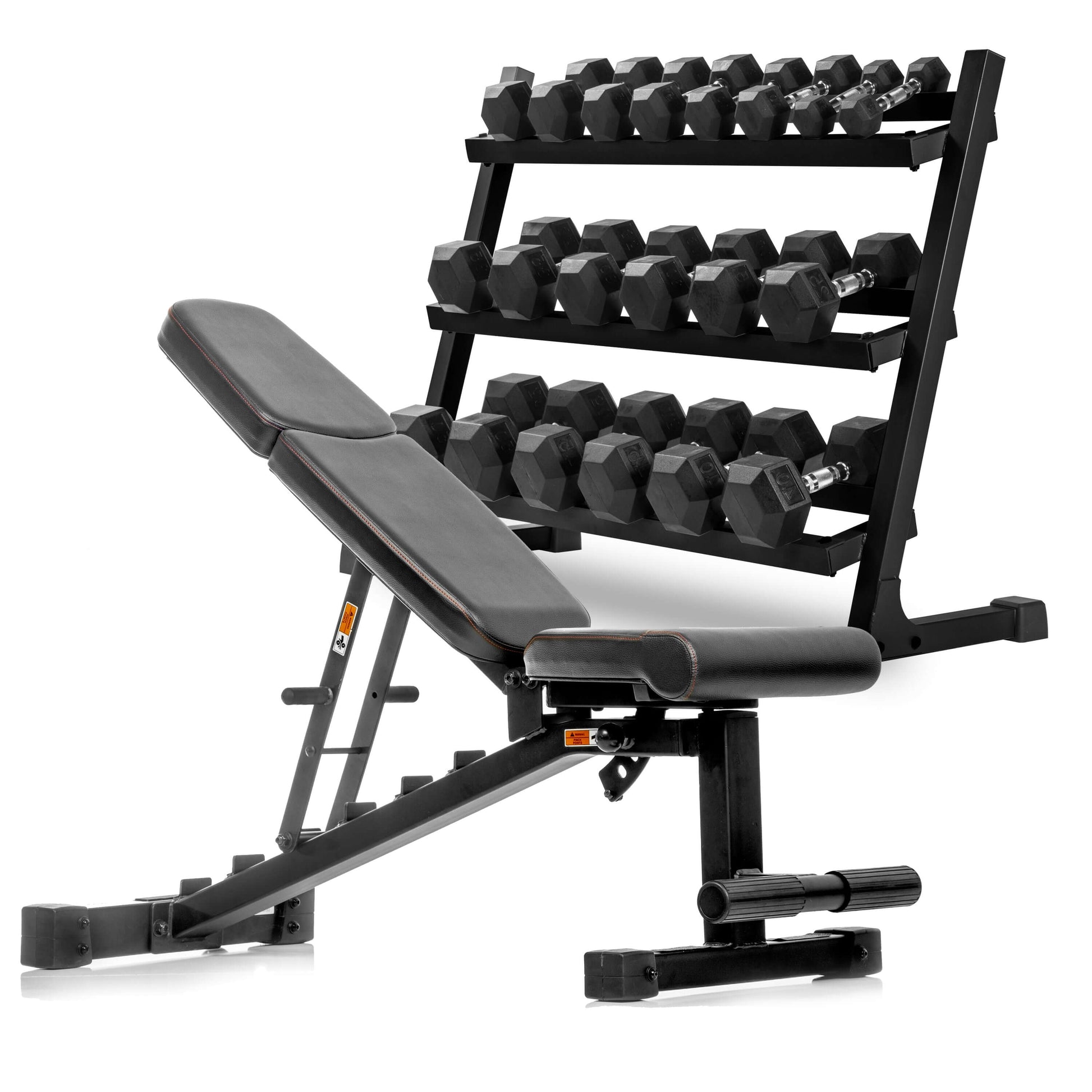 5-50 lb Hex Dumbbell Set with Rack and Weight Bench for home gym strength training.