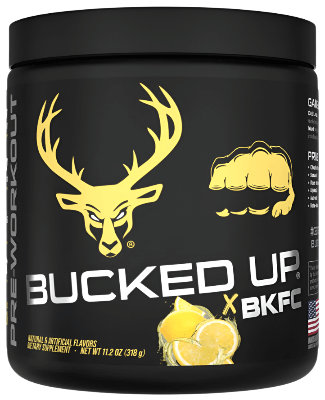 Bucked Up Pre-Workout - Energy Performance & Focus supplement container with lemon flavor and BKFC branding.