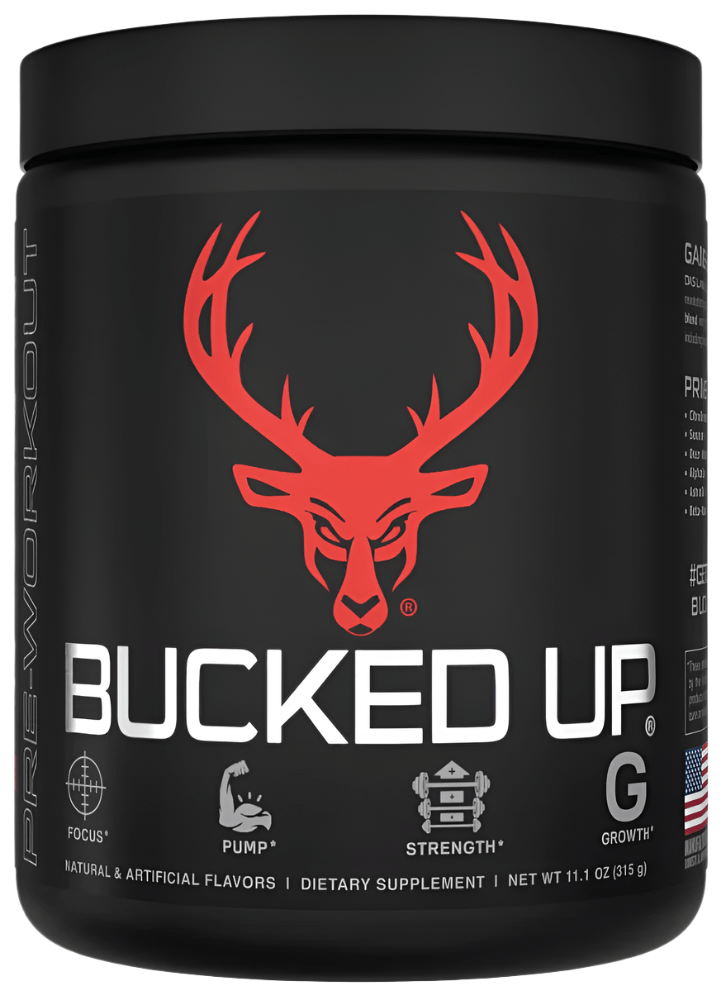 Bucked Up Pre-Workout - Energy Performance & Focus supplement container with bold design and key benefits highlighted.