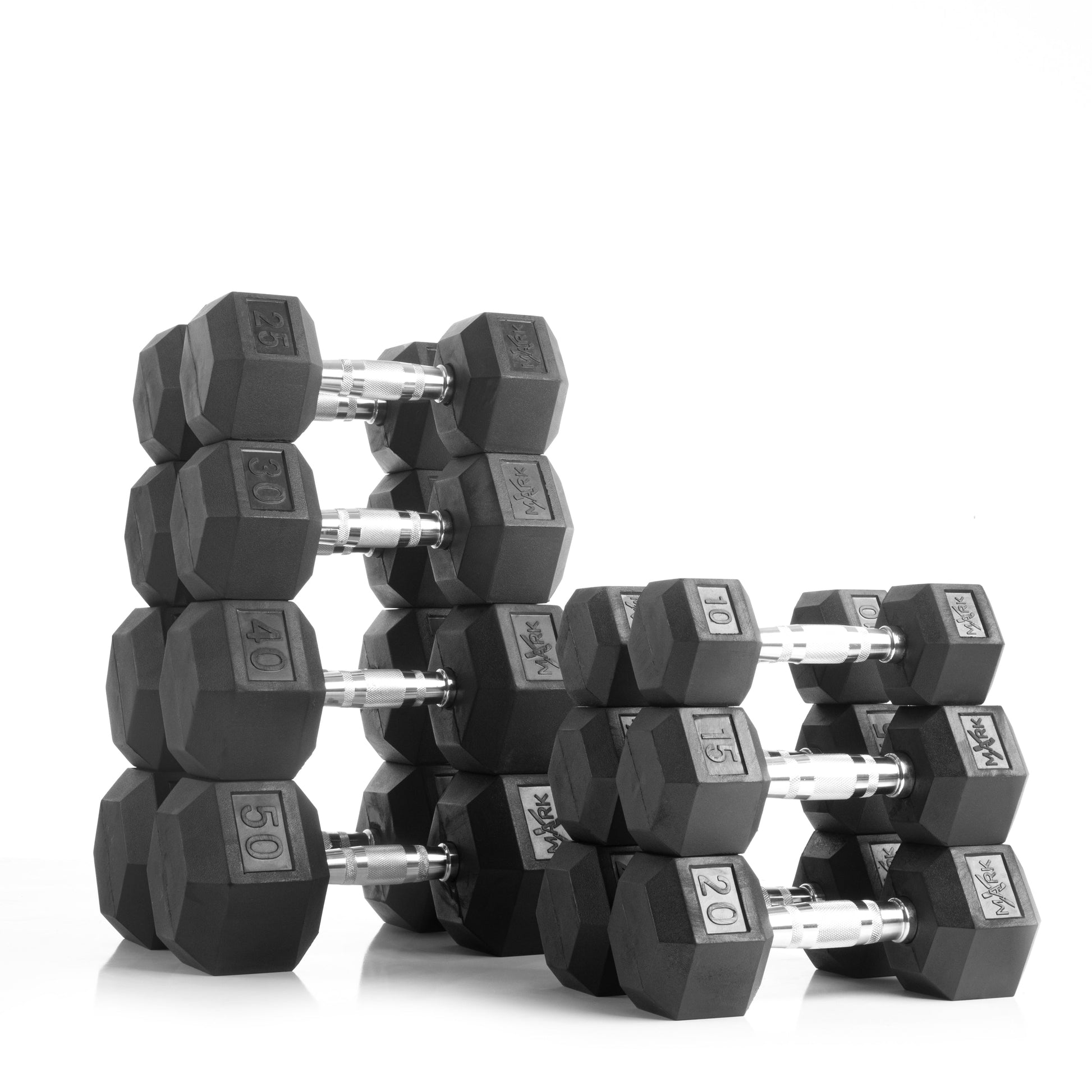 10 to 50 lbs. Rubber Hex Dumbbell Pairs Includes 2-Tier Storage Rack displayed in a fitness setup.