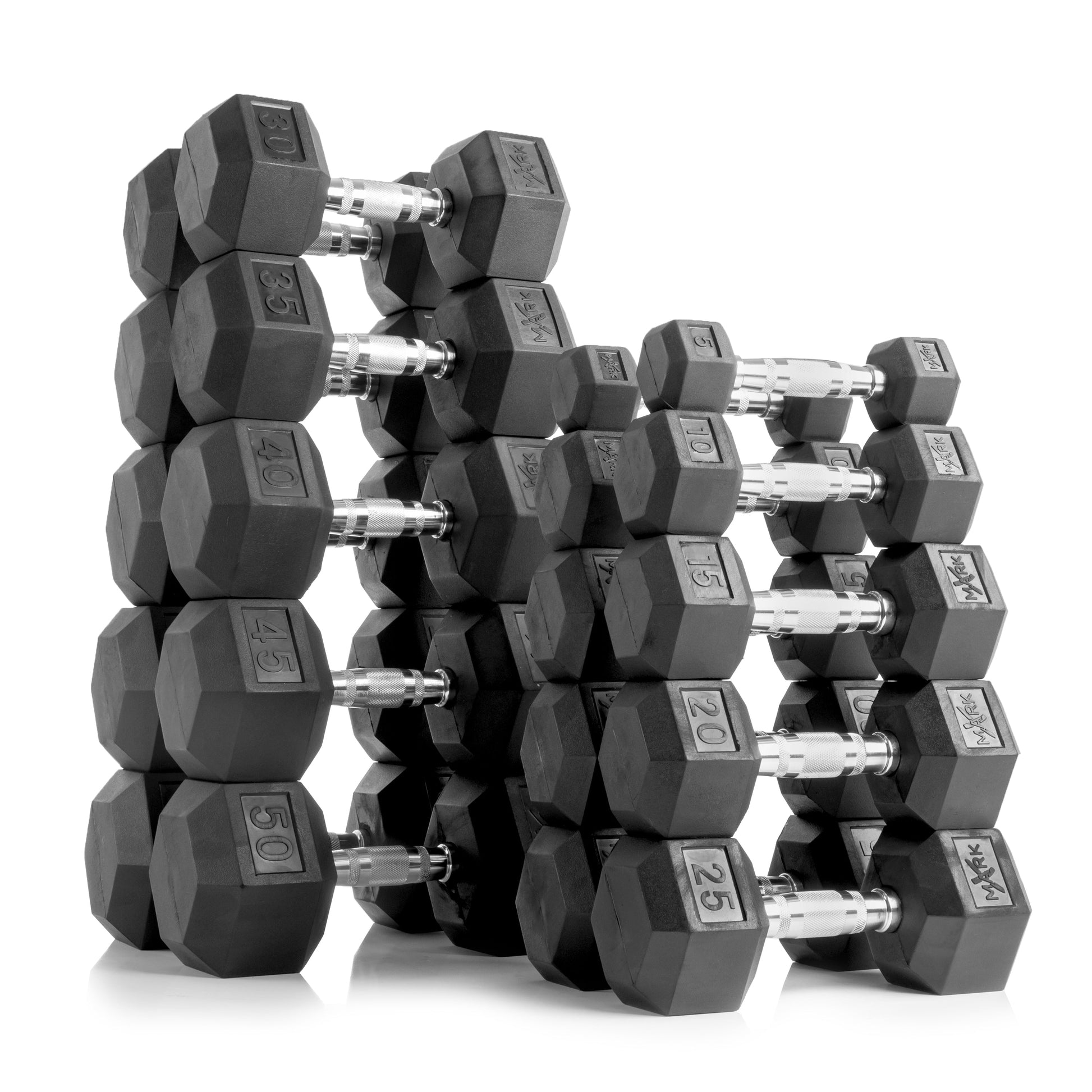 10-Pairs 5 to 50 lbs Hex Dumbbells Includes 3-Tier Storage Rack displayed in a stacked arrangement.