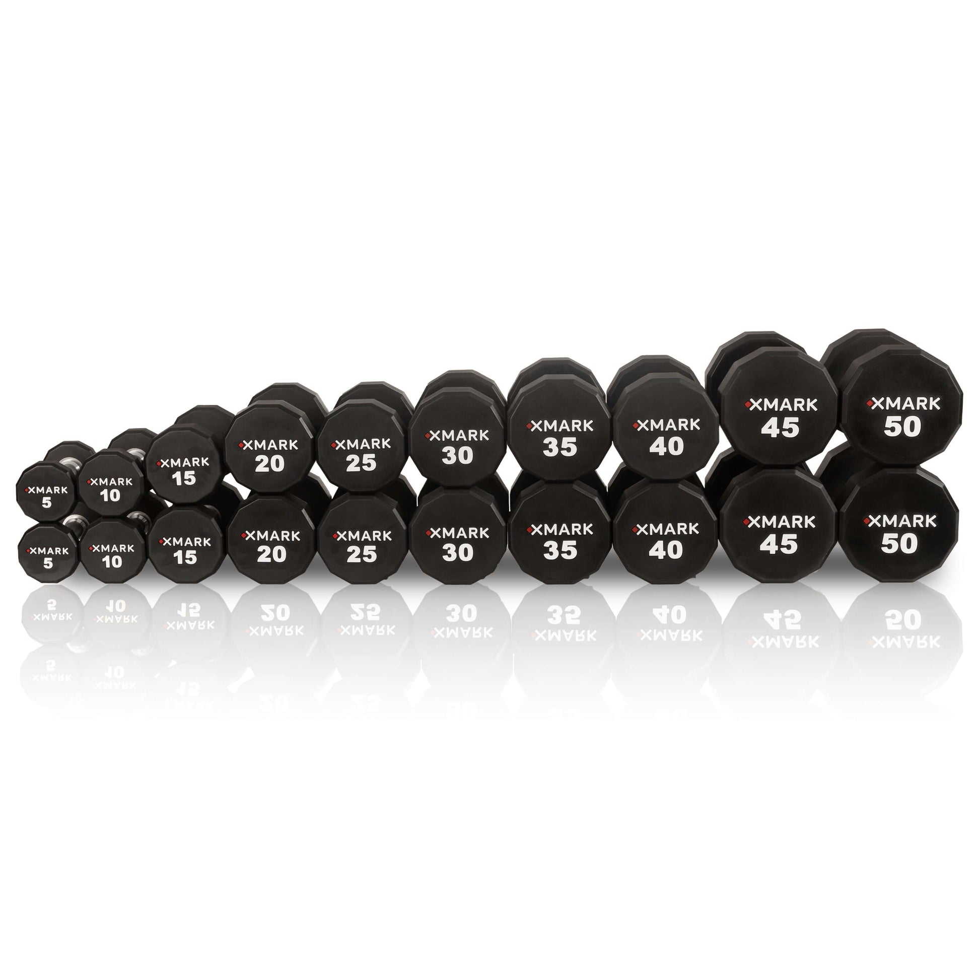12-Sided Commercial Urethane Dumbbells 5-50 lb and 5-75 lb Sets displayed in a row, showcasing various weights from 5 to 50 lbs.