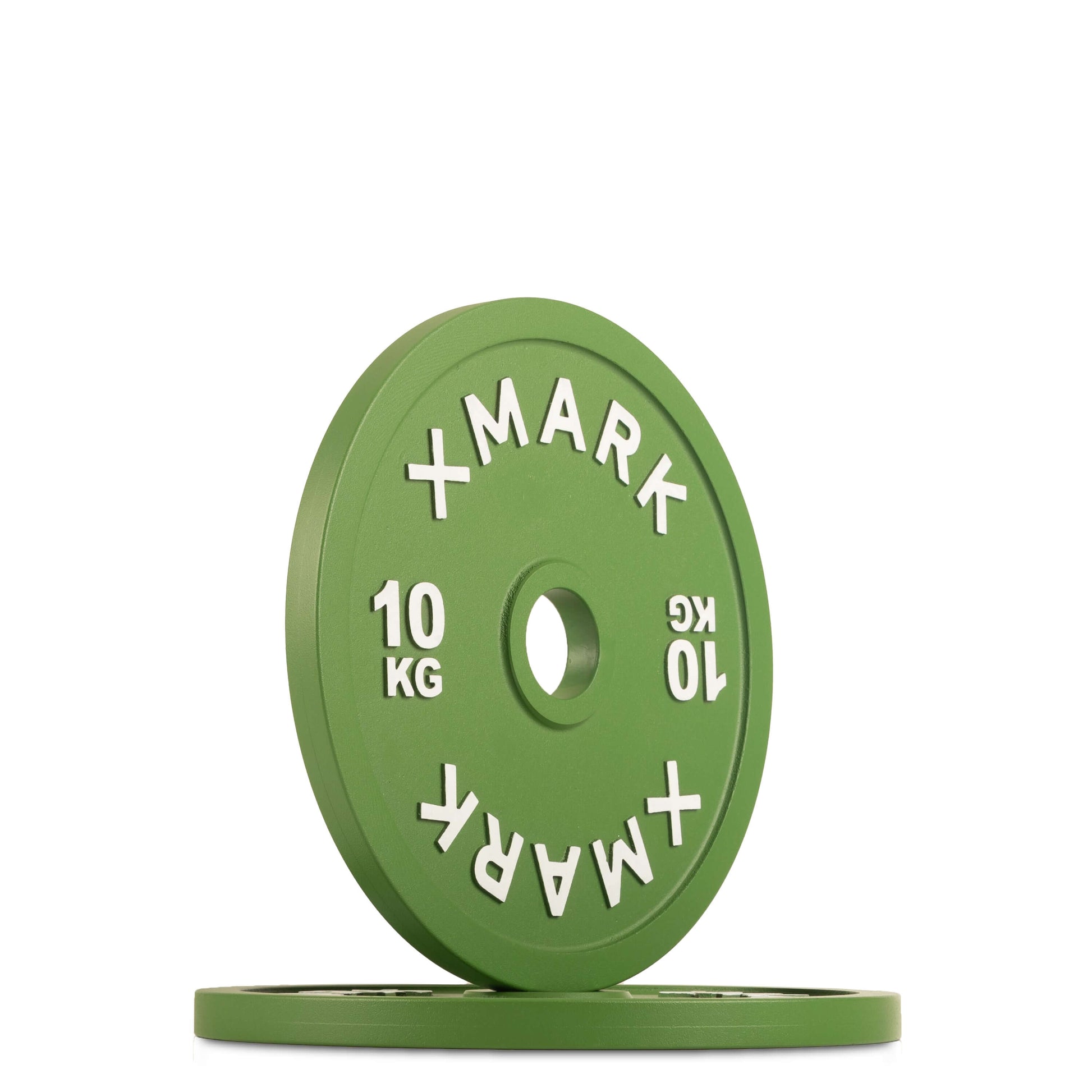 Powerlifting Calibrated Steel Plates kg in green color, featuring 10 kg weight and bold white lettering for accuracy.