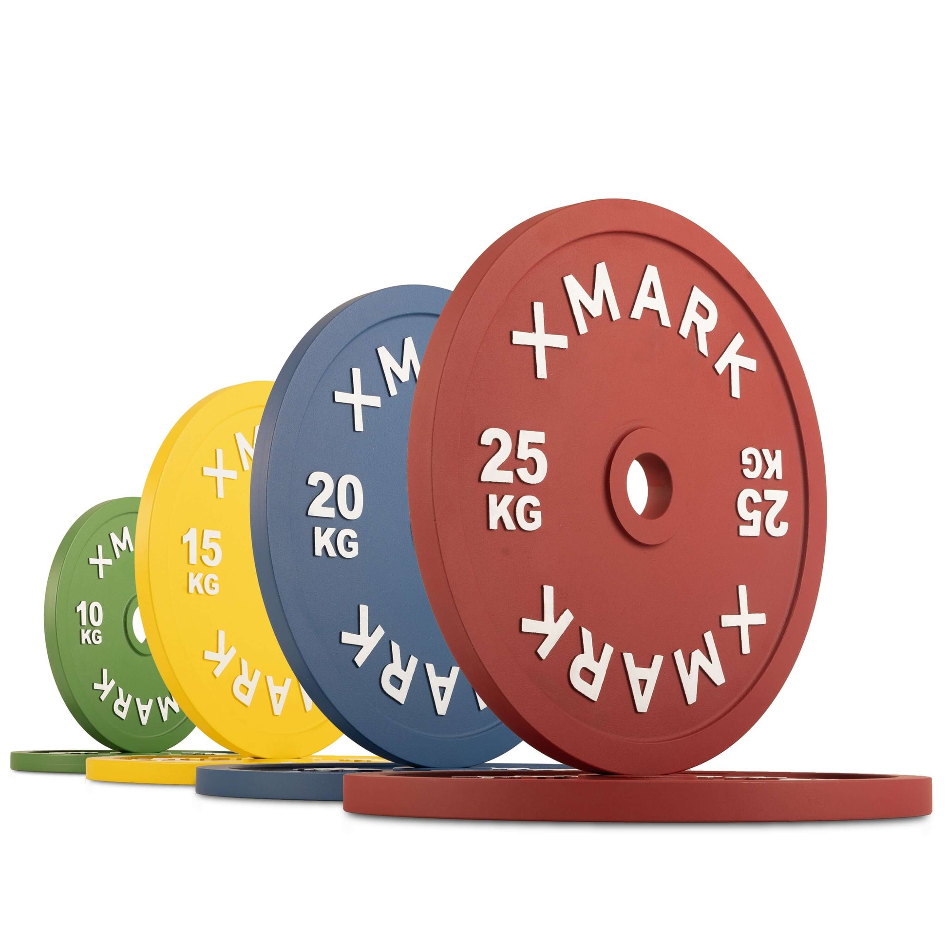 Powerlifting Calibrated Steel Plates kg in various weights, color-coded with bold lettering for accuracy.