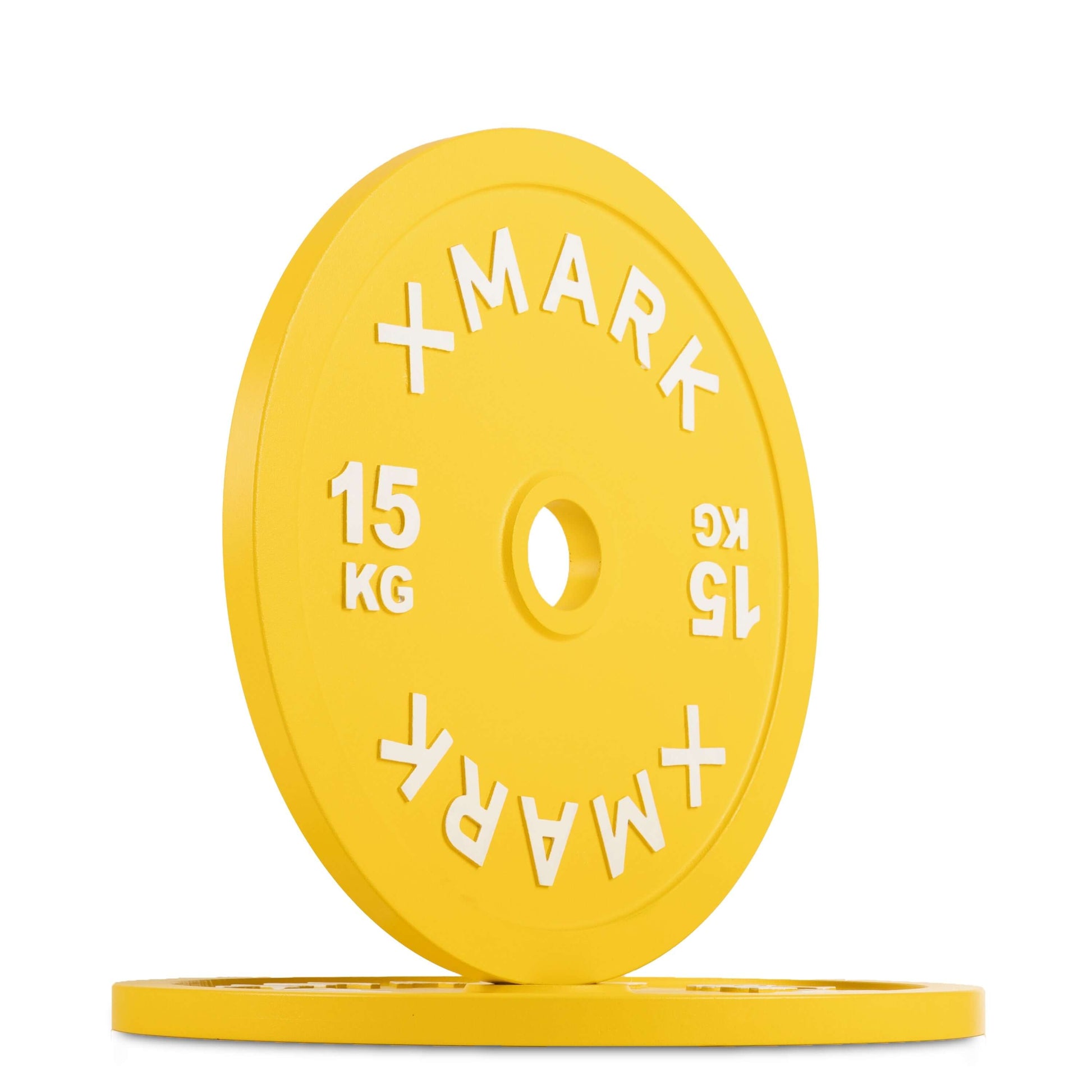 Powerlifting Calibrated Steel Plates kg, 15 kg yellow weight plate with white lettering and 50mm center hole.