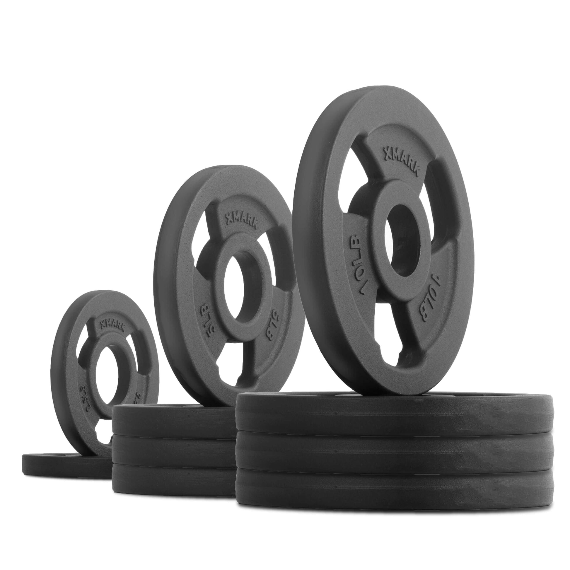 Iron Horse Premium Cast Iron Olympic Weight Plate Pairs-sets displayed in various sizes on a clean white background.