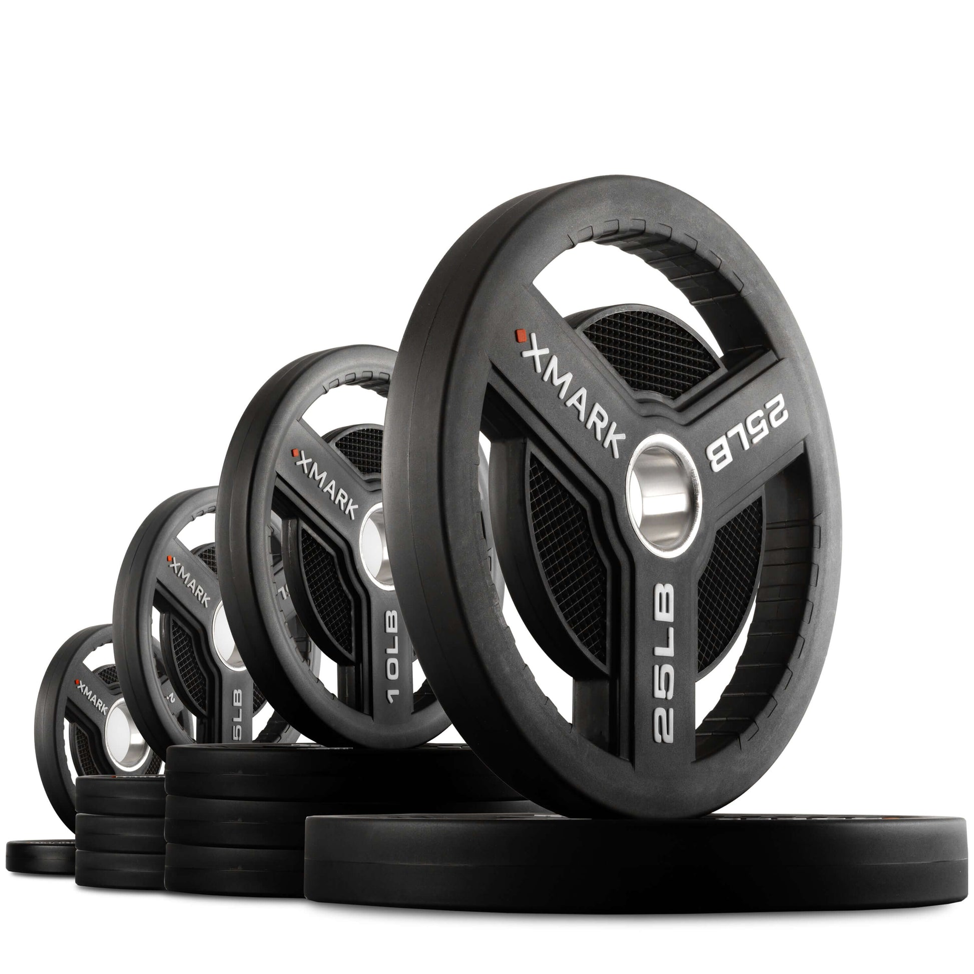 Commercial Urethane Olympic Weight Plates displayed in various weights including 10lb and 25lb, designed for gym workouts.