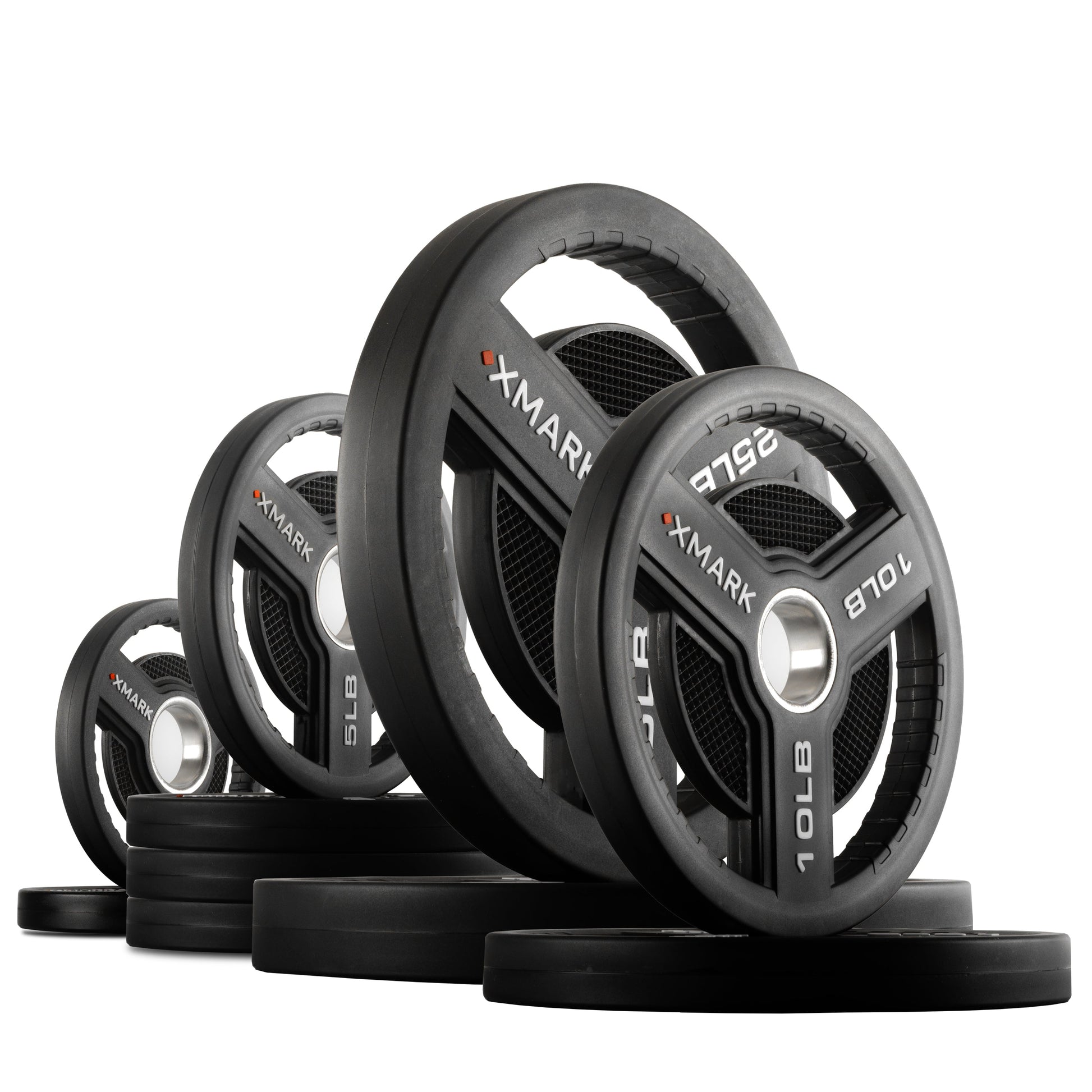 Commercial Urethane Olympic Weight Plates stacked in various weights for versatile gym use.