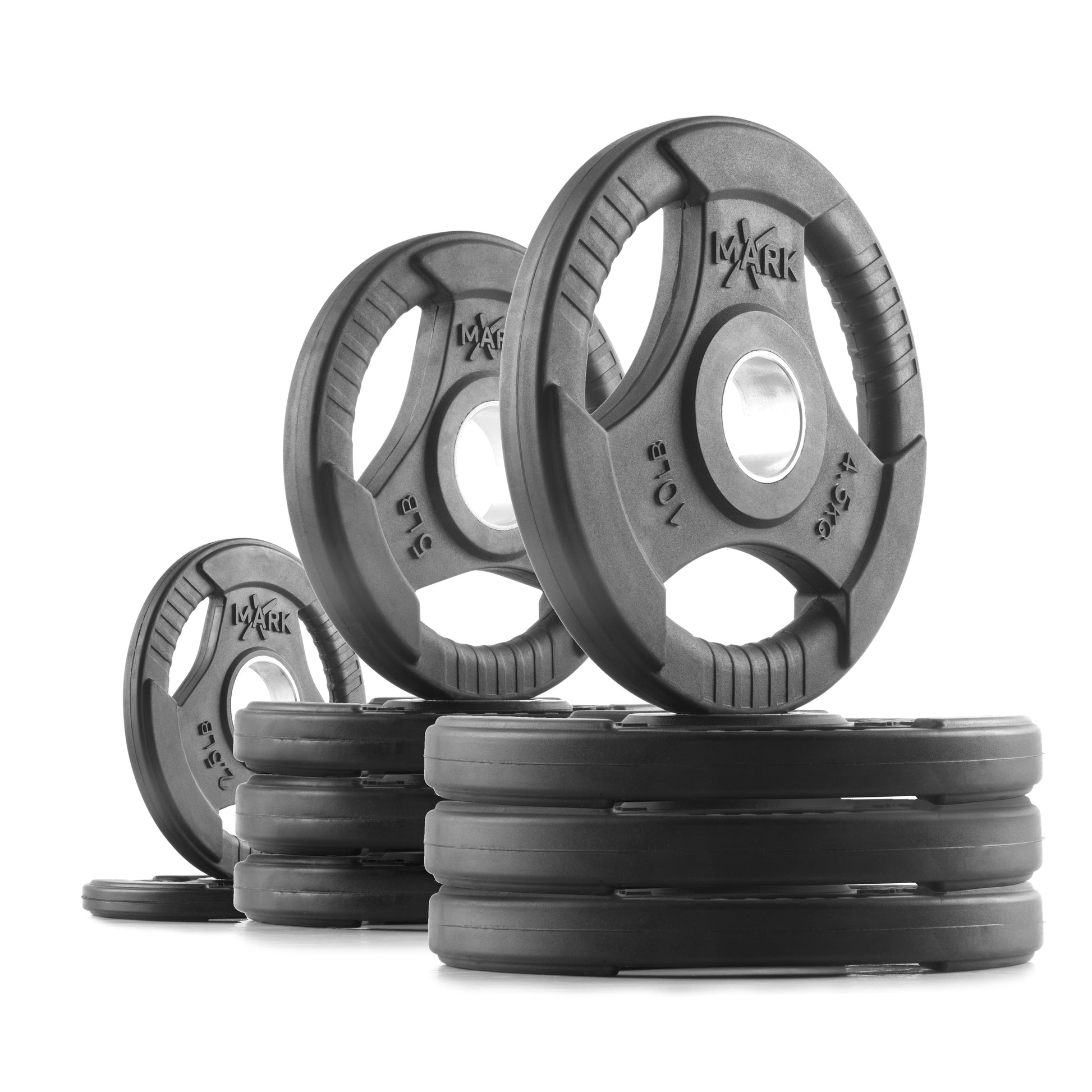 Tri-Grip Olympic Weight Plates displayed in different sizes for effective strength training.