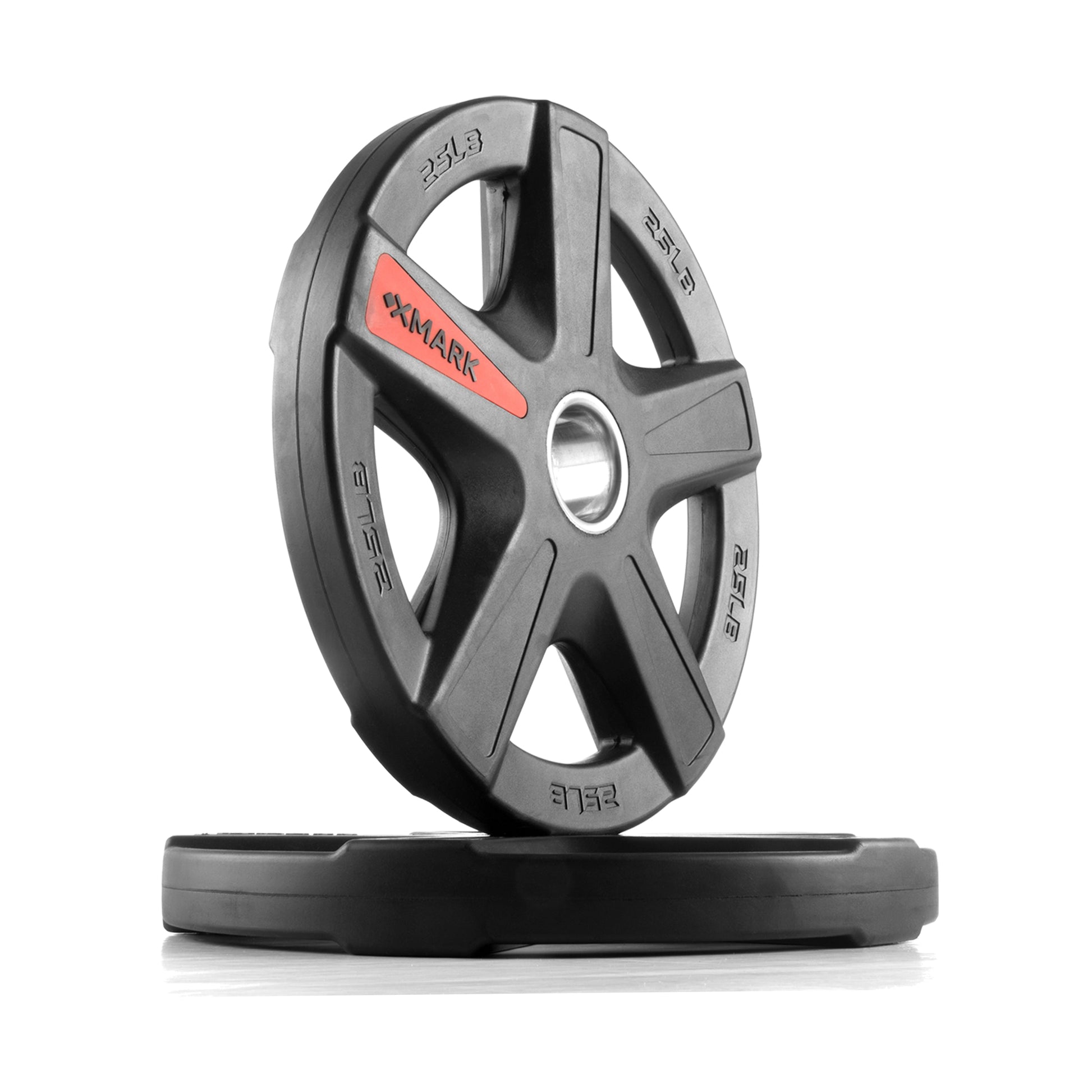 Texas Star Olympic Weight Plates displayed with a bold design, made of durable rubber for weight training.