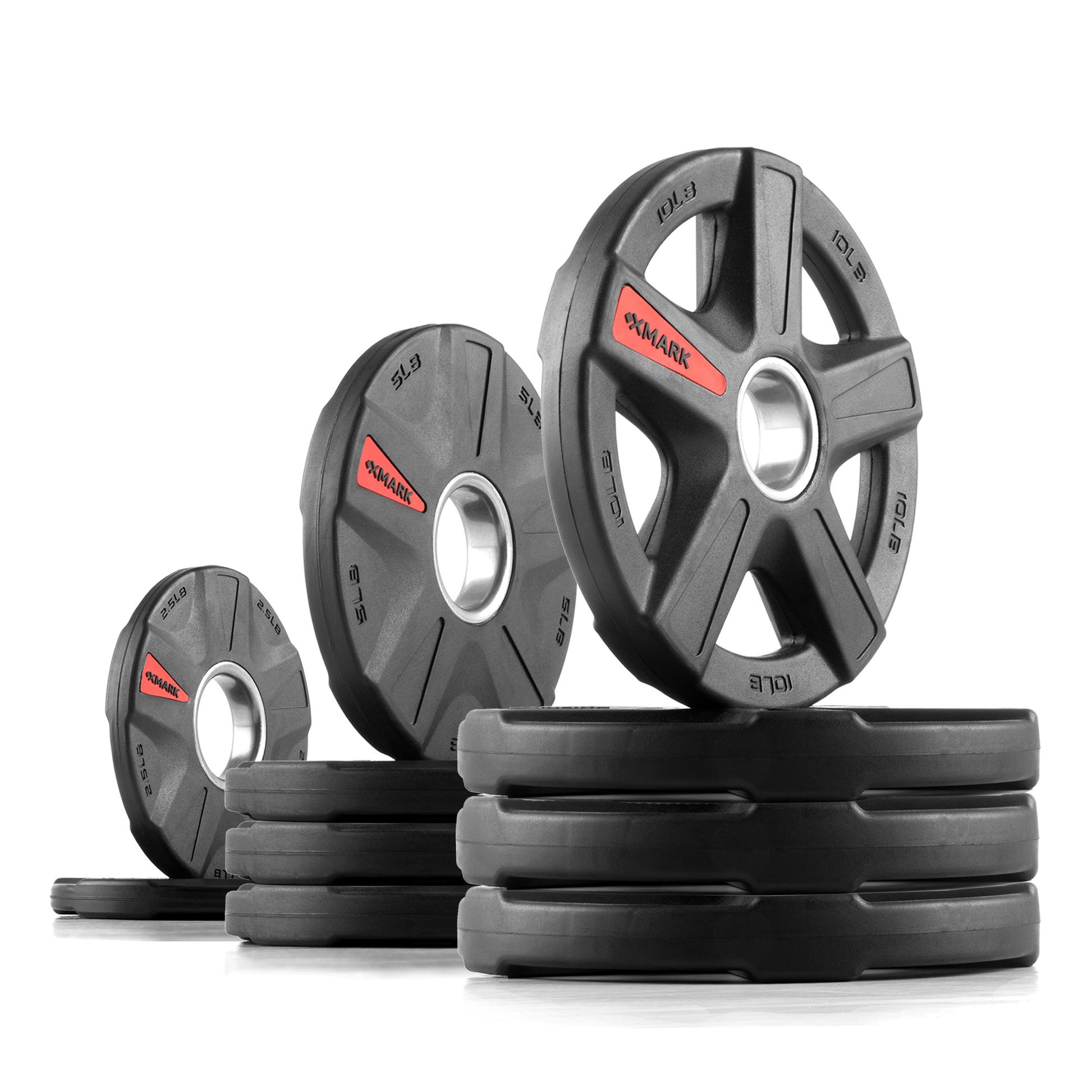 Texas Star Olympic Weight Plates in various sizes, showcasing the patented design and durable rubber material.
