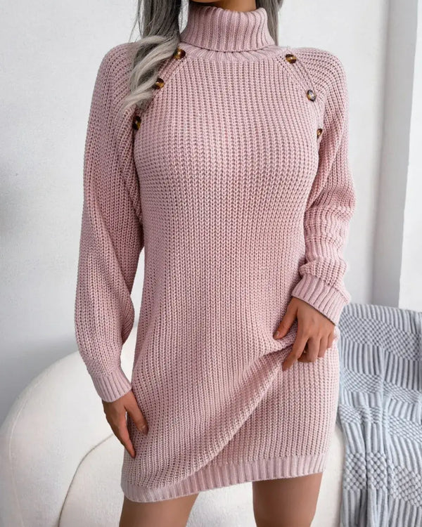 Decorative Button Turtleneck Sweater Dress