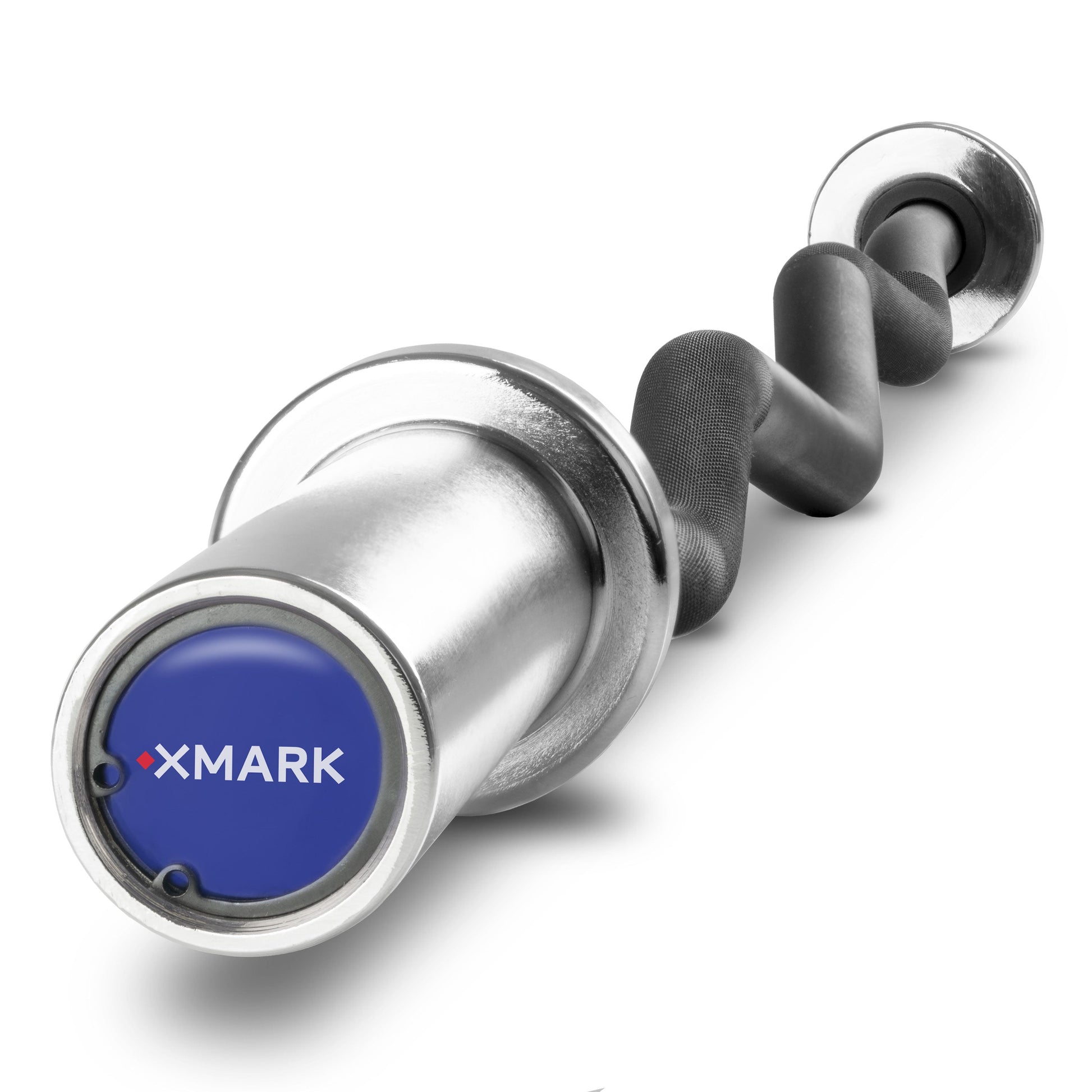 Black EZ Curl Bar Fits Olympic Plates with XMARK branding and curved design for comfortable lifting.