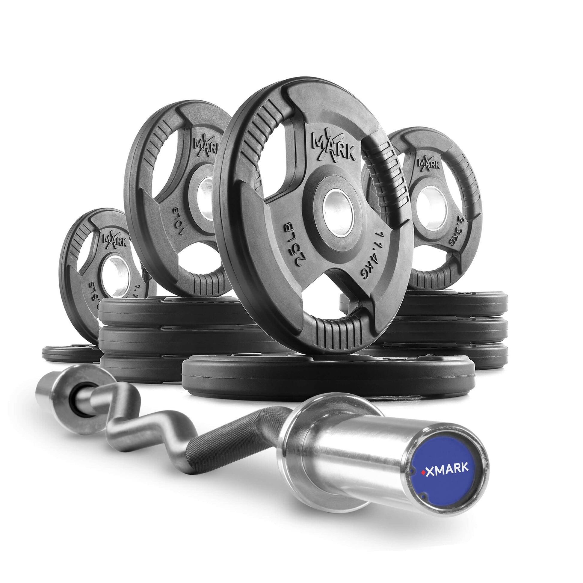 Tri-Grip Olympic Weight Plates and Curl Barbell Sets featuring black weight plates and a curl bar.