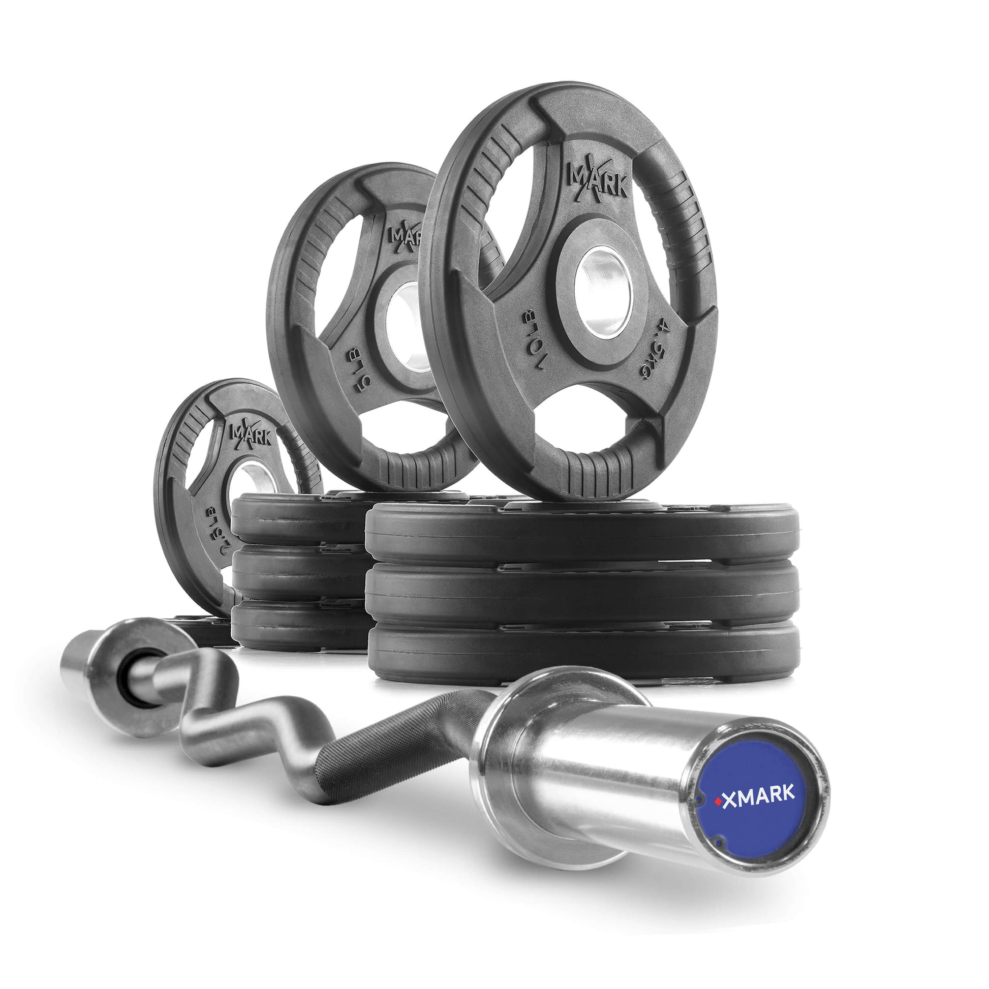 Tri-Grip Olympic Weight Plates and Curl Barbell Sets featuring durable weight plates and a curl bar for strength training.