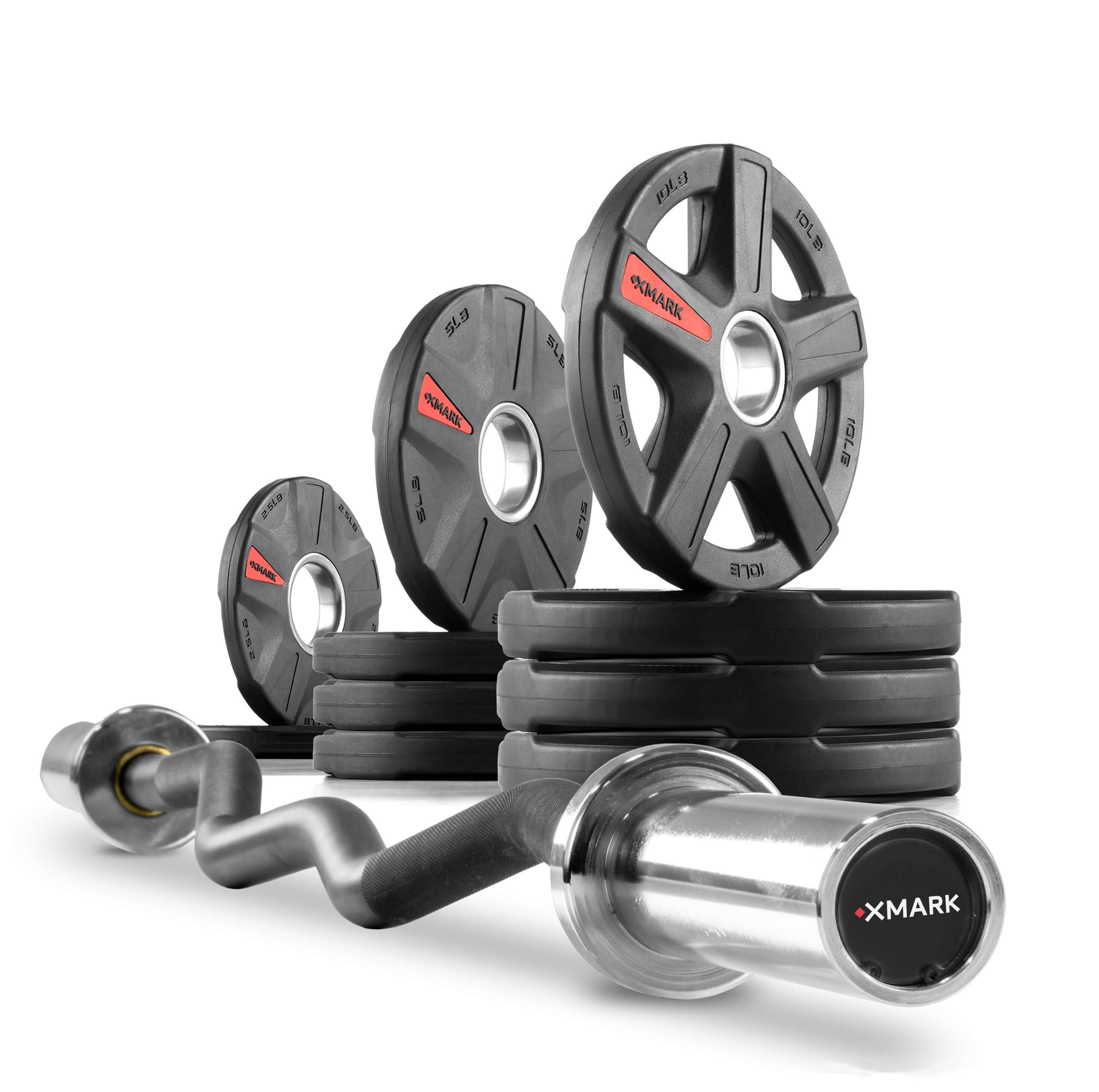Texas Star Olympic Weight Plates and Curl Barbell Sets featuring XMARK adjustable weights and curl bar.