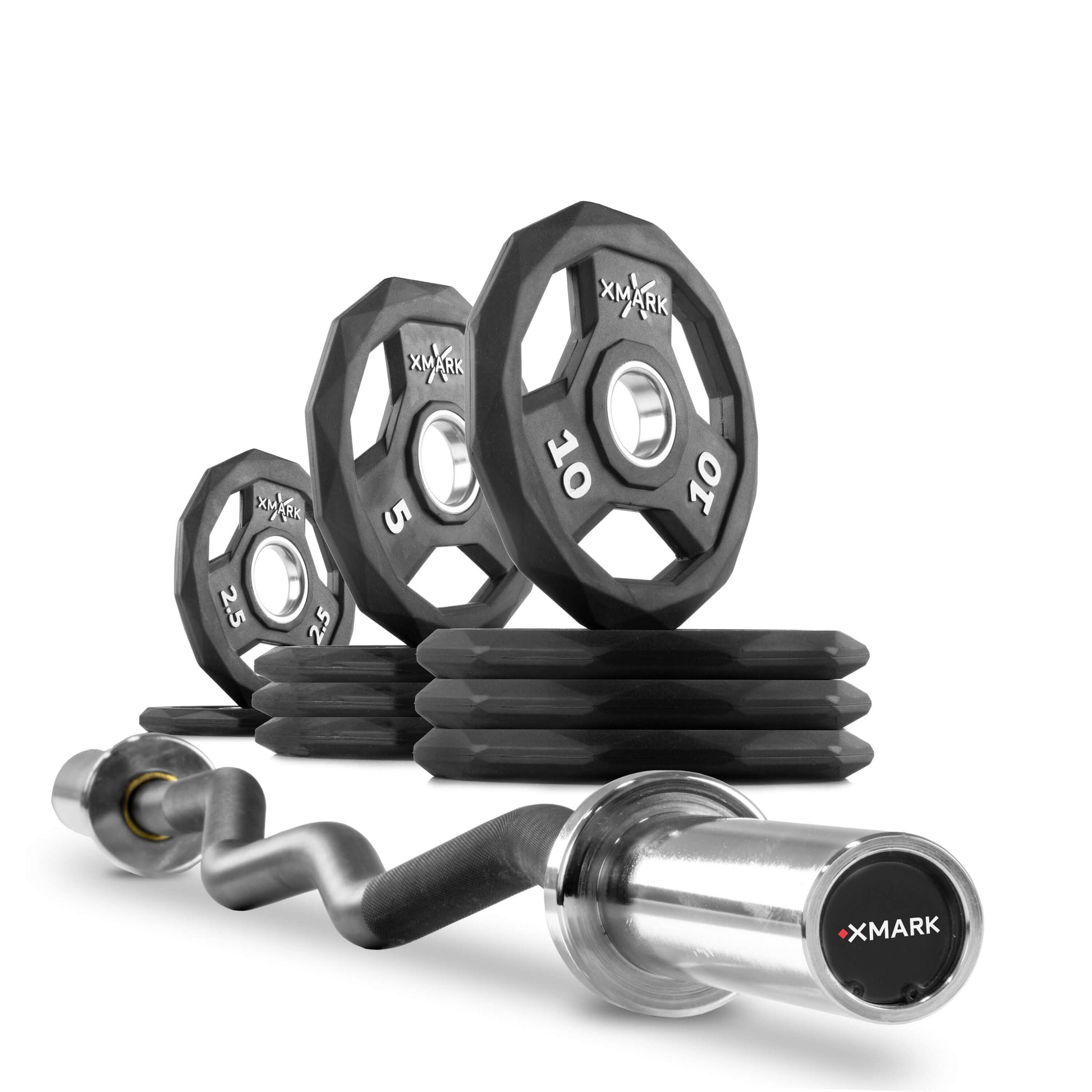 Black Diamond Olympic Weight Plates and Curl Barbell Sets with XMARK weights and curl bar.