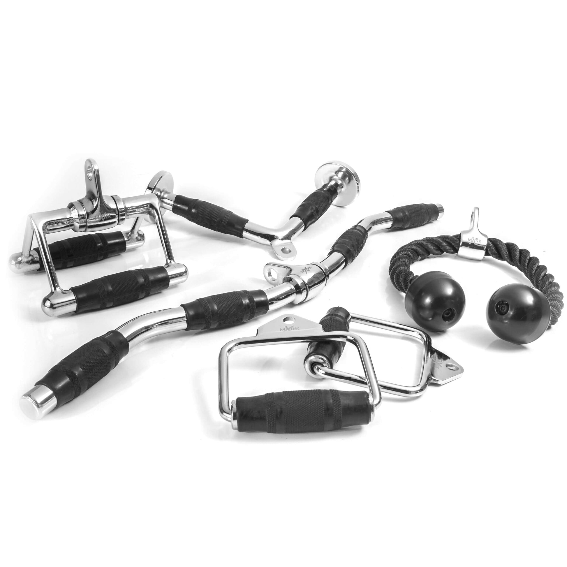 5 Piece Cable Machine Attachments Set including handles, triceps rope, and curl bar for versatile cable workouts.