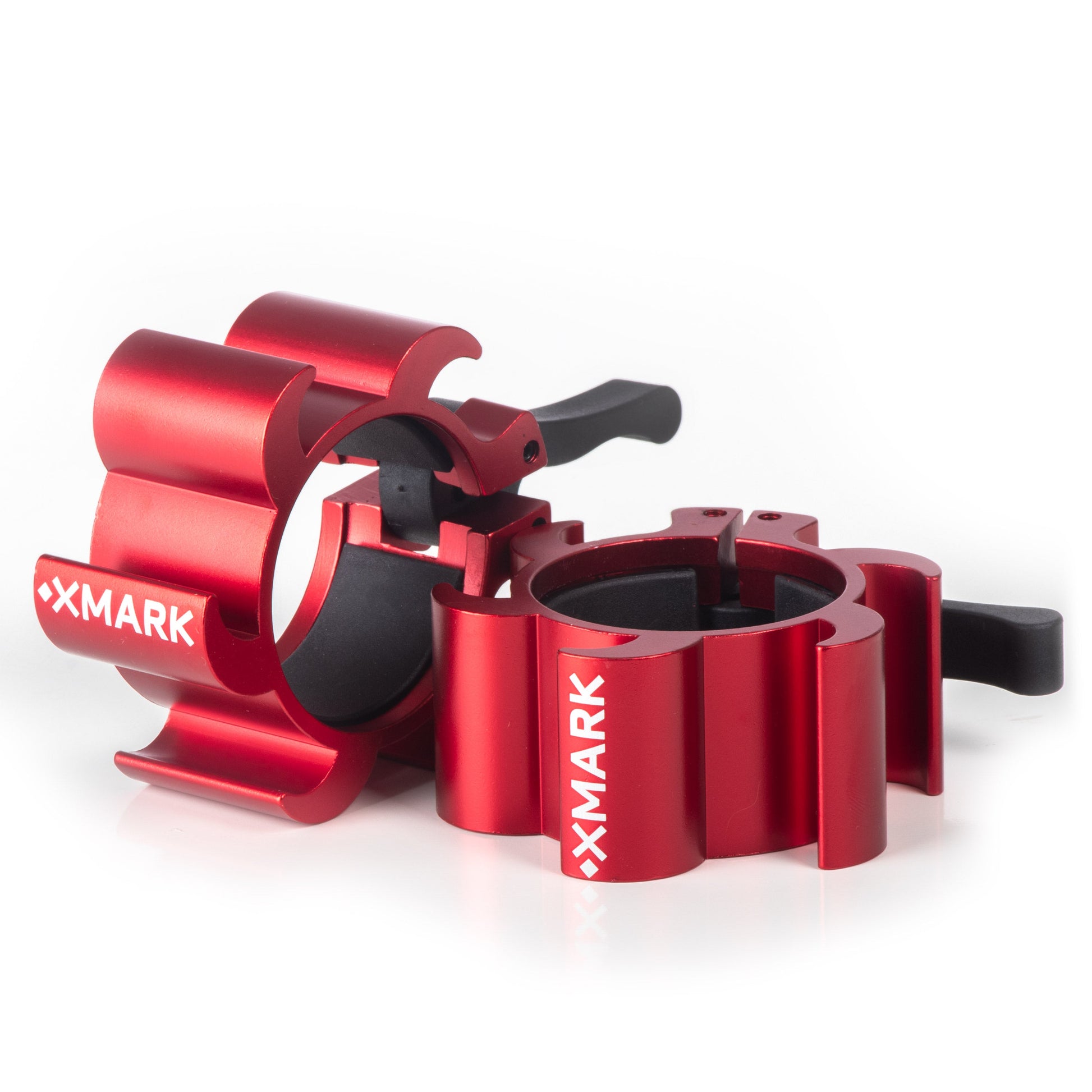 Aluminum Olympic Barbell Quick Release Collars in red with quick-release lock design, perfect for easy plate changes.