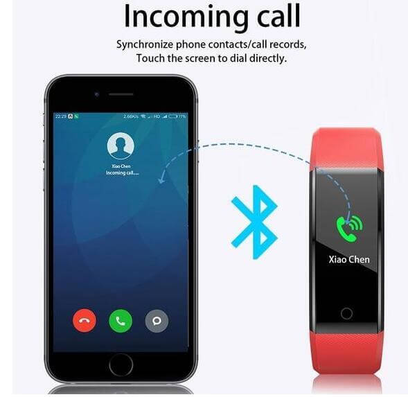 Smart Bracelet With Bluetooth Heart Rate Monitor showing incoming call sync with smartphone via Bluetooth.
