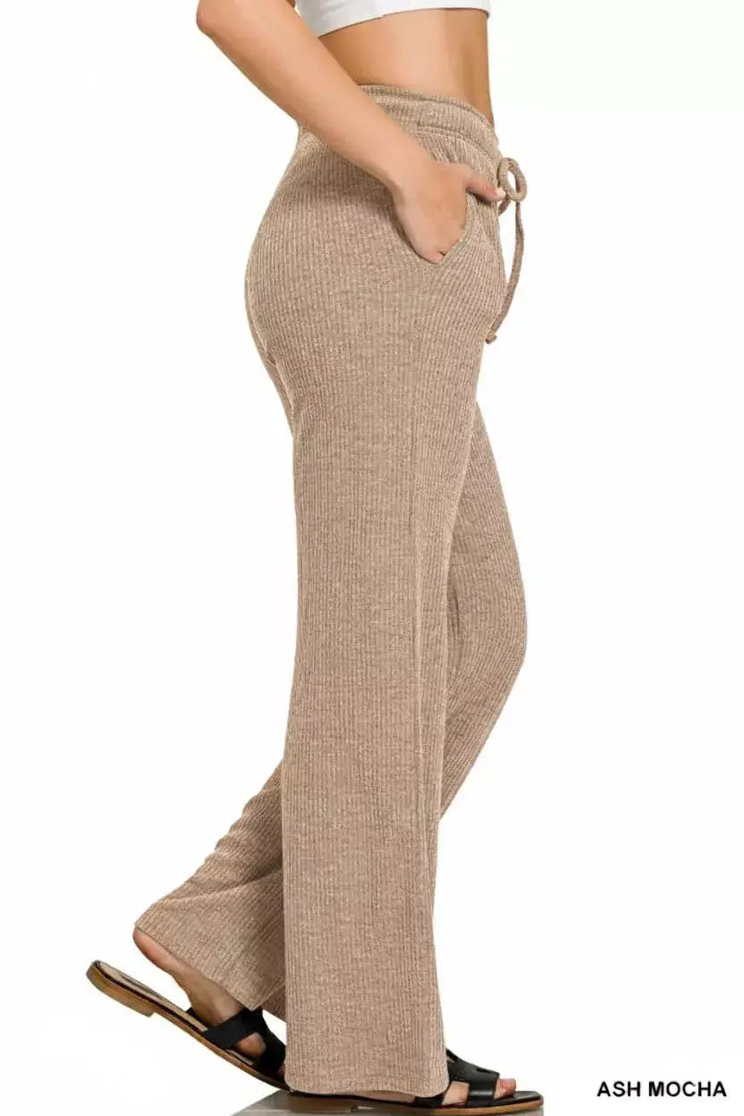 Zenana Ribbed Drawstring Lounge Pants shown in ash mocha color with side pockets and drawstring waist, side view.
