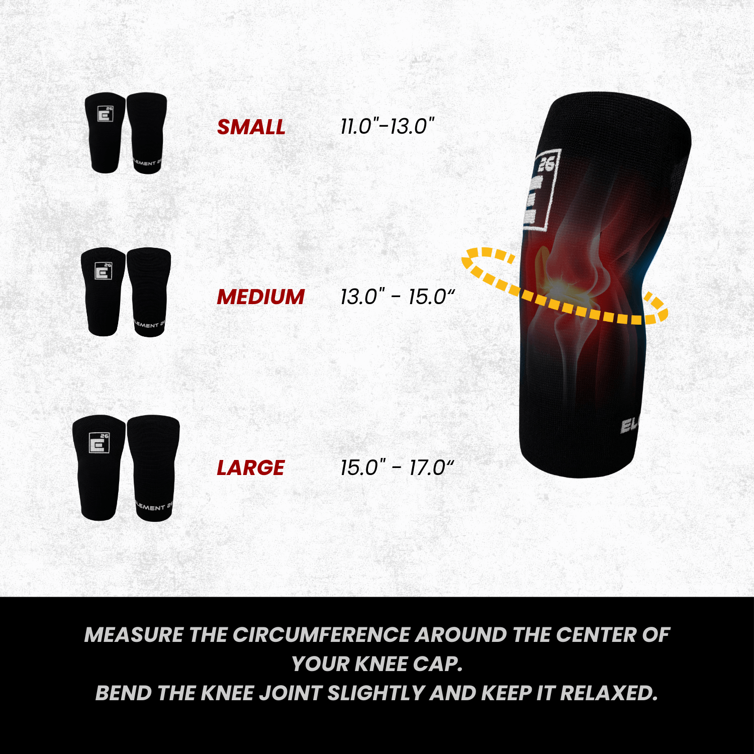 Sizing chart for 3mm Agility Knee Sleeves with measurements for small, medium, and large sizes.