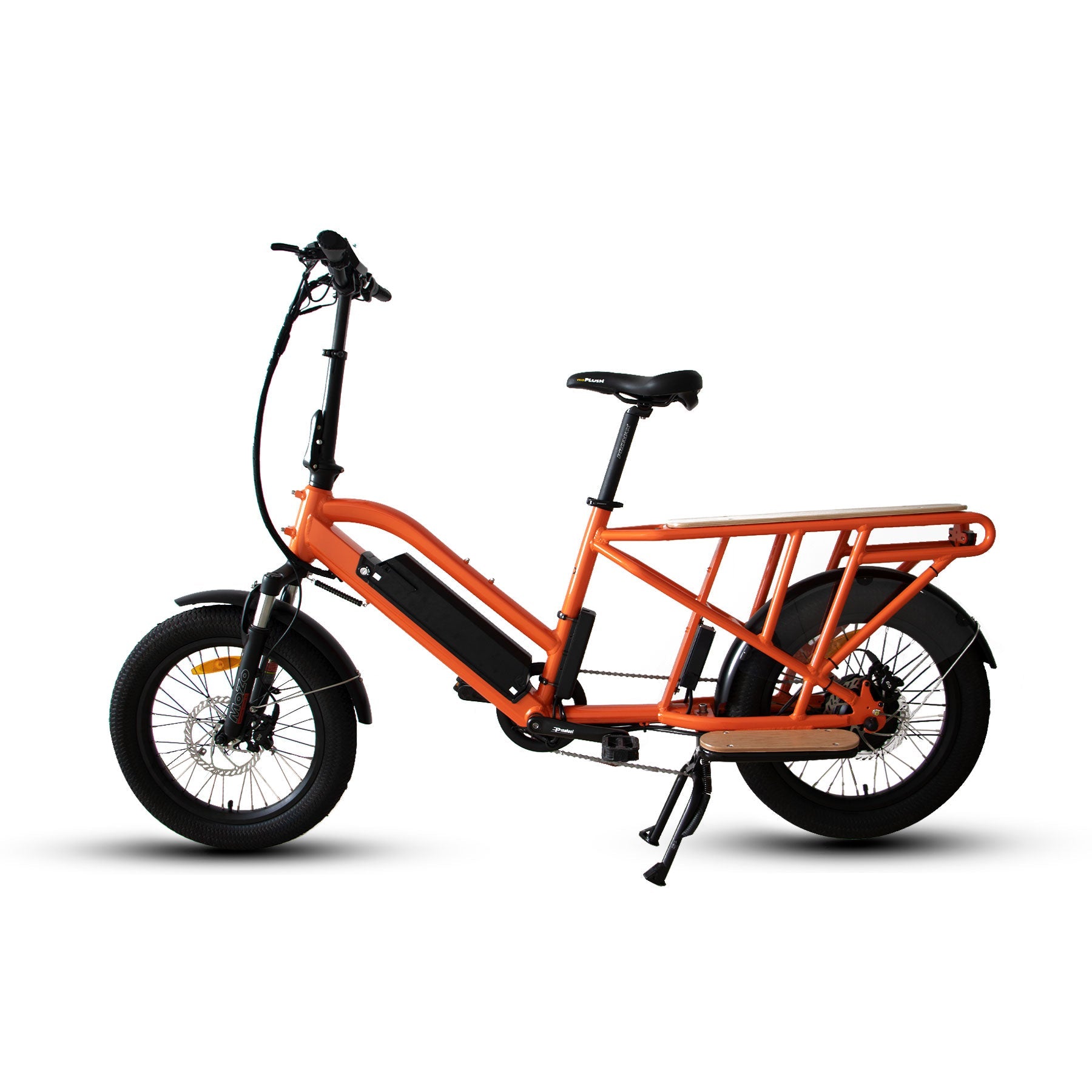 G30-CARGO CITY EBIKE in orange color with 20 inch city tires and a spacious cargo rack on the rear.
