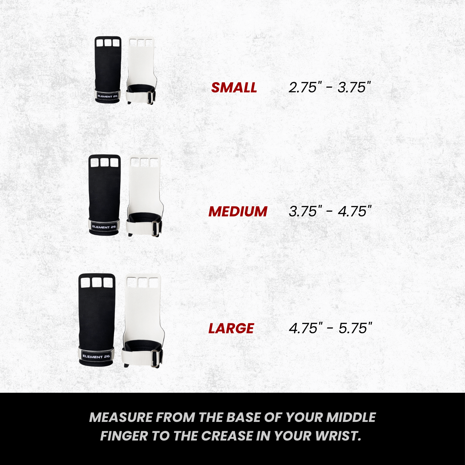 Element 26 Vise Grips sizing chart: Small, Medium, Large with measurement instructions for ideal fit.